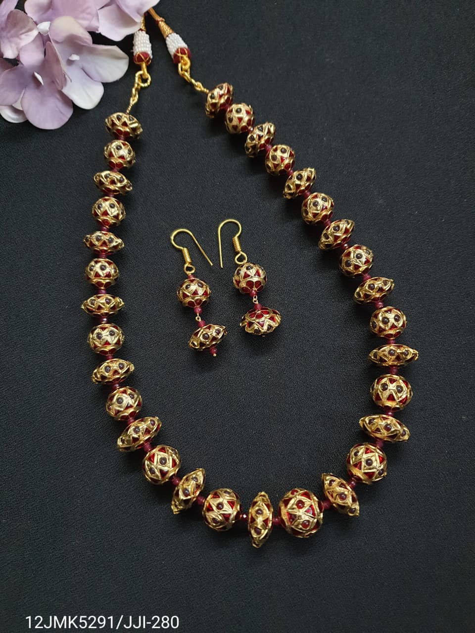 Jadau Maroon Stone Disc Meenakari Necklace