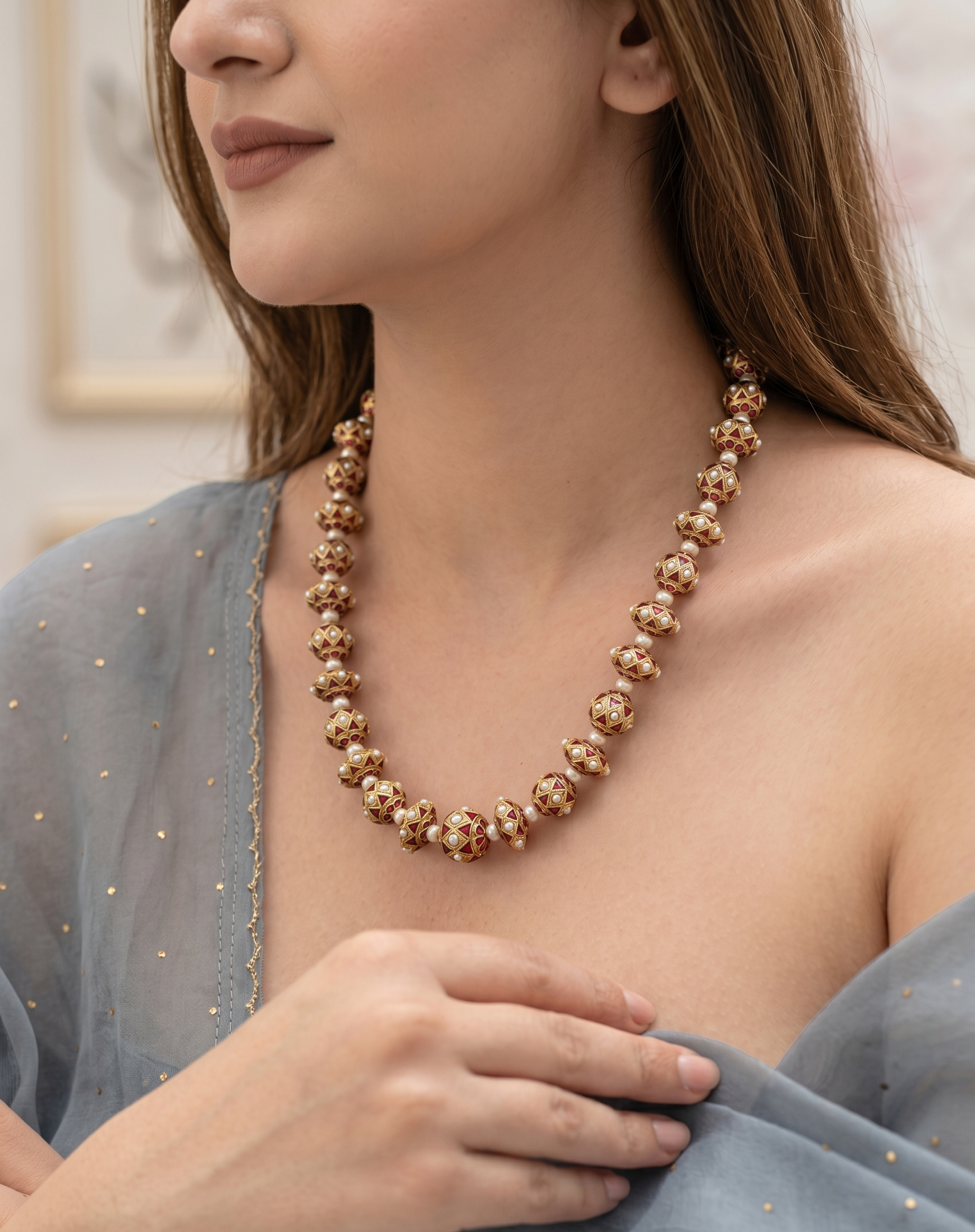 Jadau Red Pearl Meenakari Necklace