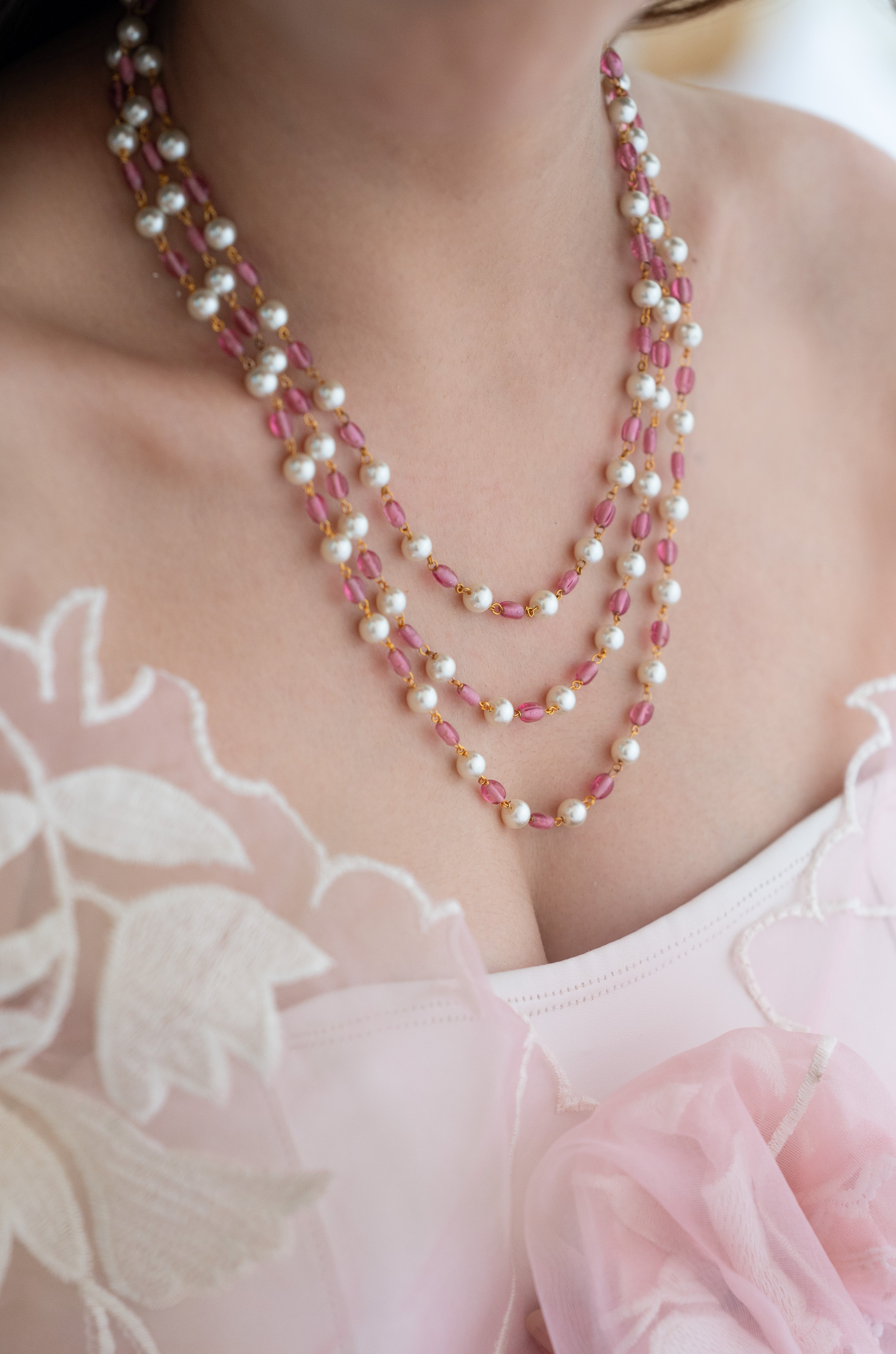 Tourmaline Color and Pearl Beaded Layer Necklace