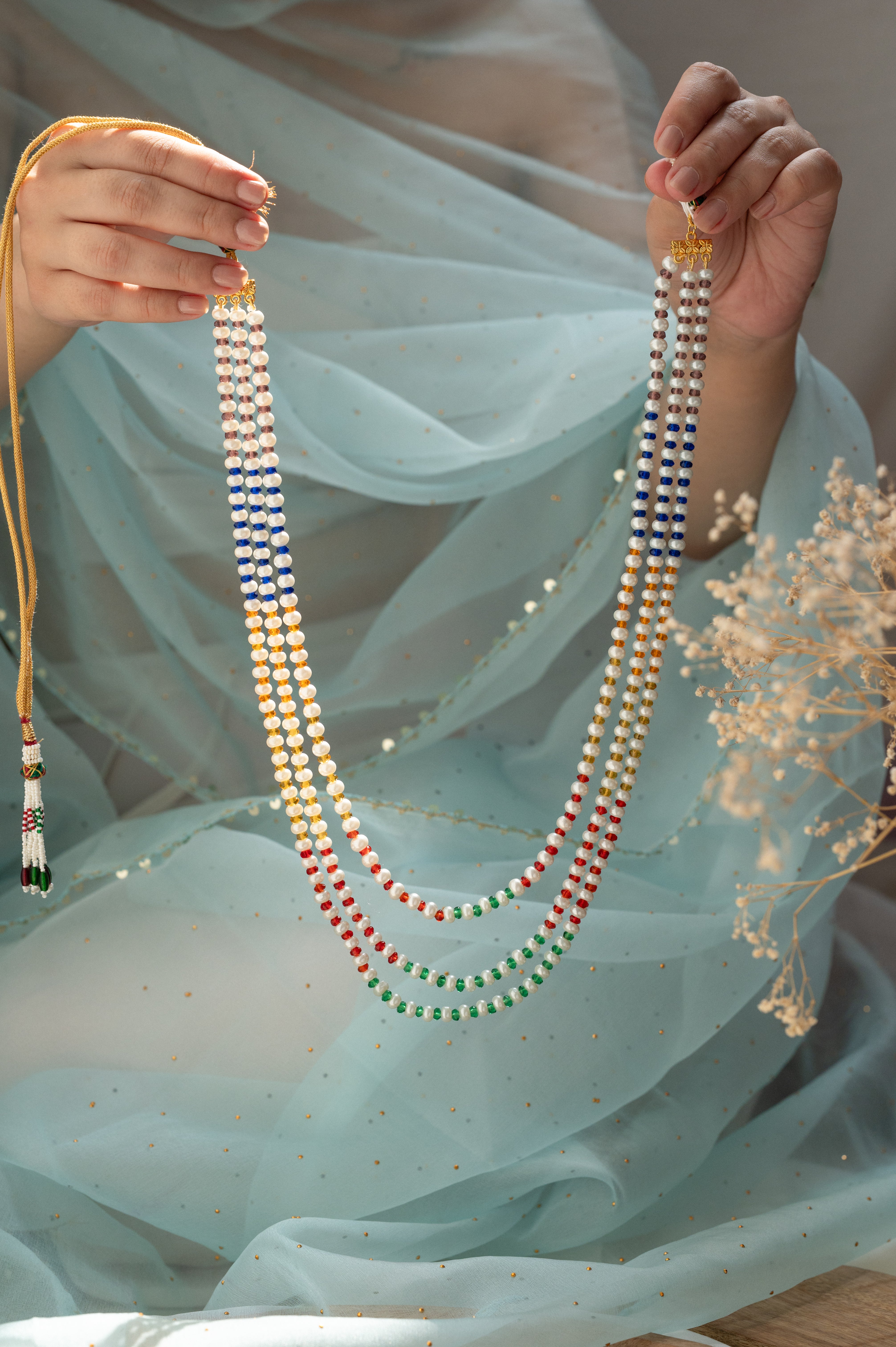 Multi Stone Three Layered Pearl Necklace