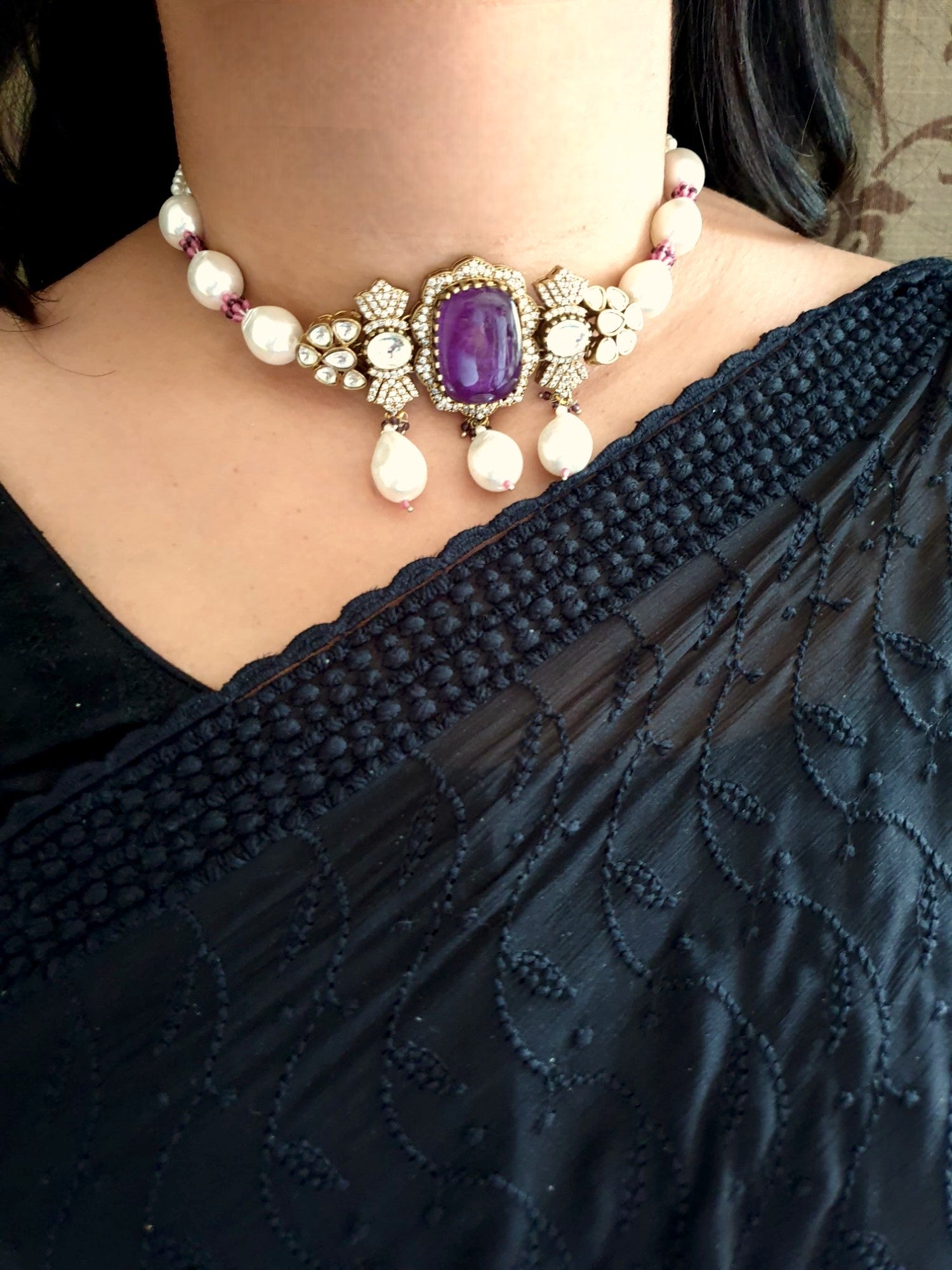 Purple Doublet Stone Kundan Shell Pearl Choker Necklace