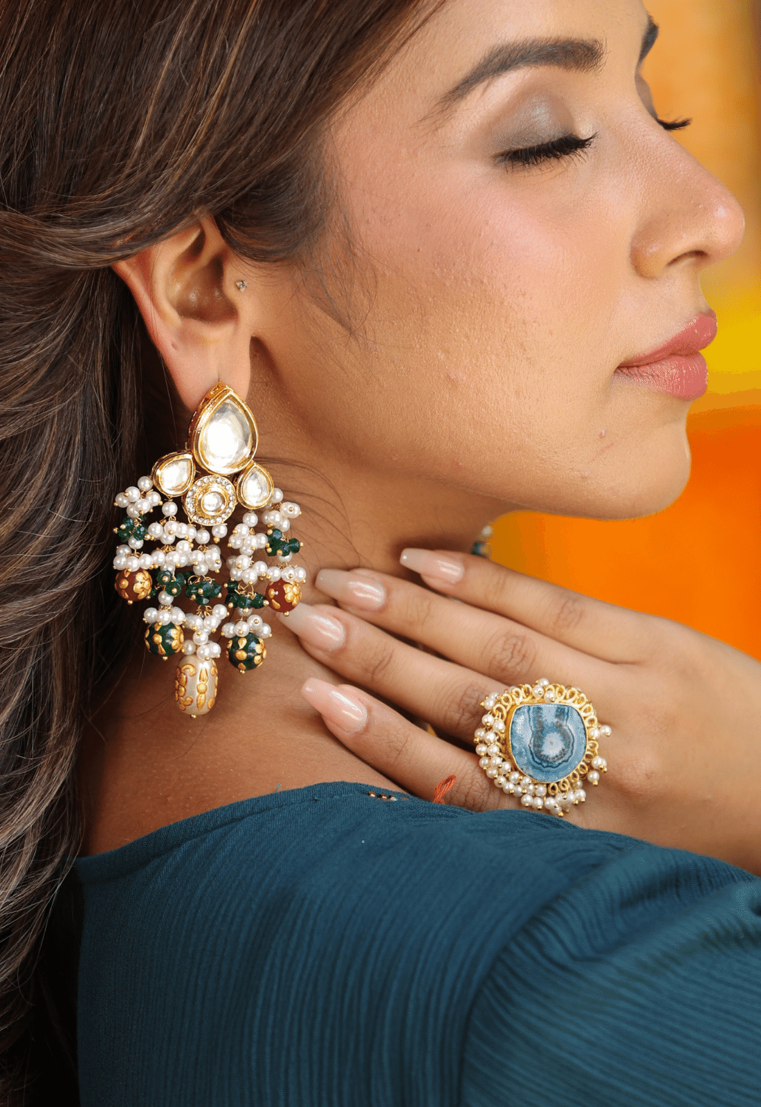 Kundan Beaded Earrings And Druzy Stone Ring Combo