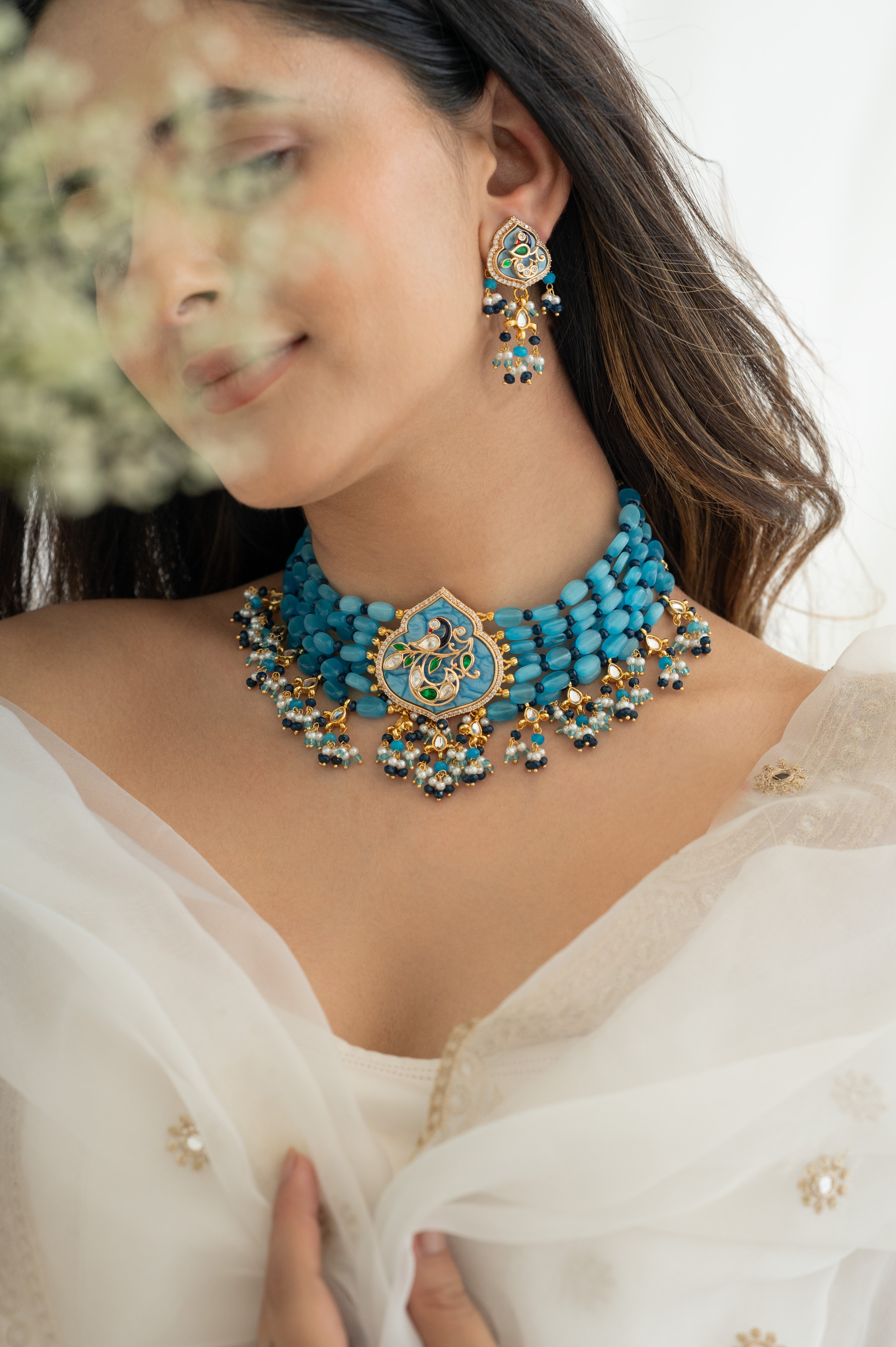 Blue Beaded Choker with Intricate Kundan Detailing