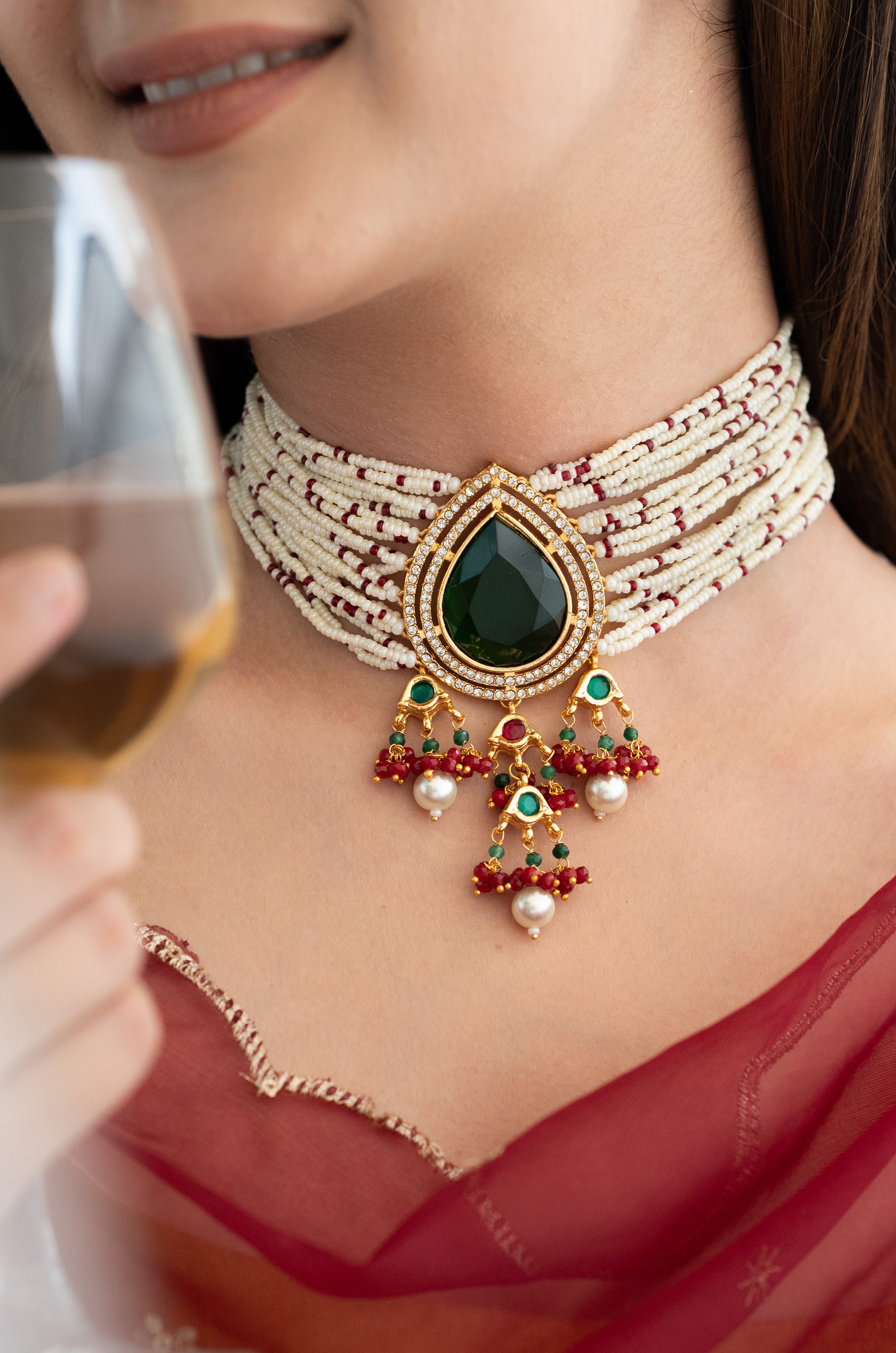 Green Stone Seed Beaded Choker Necklace Set