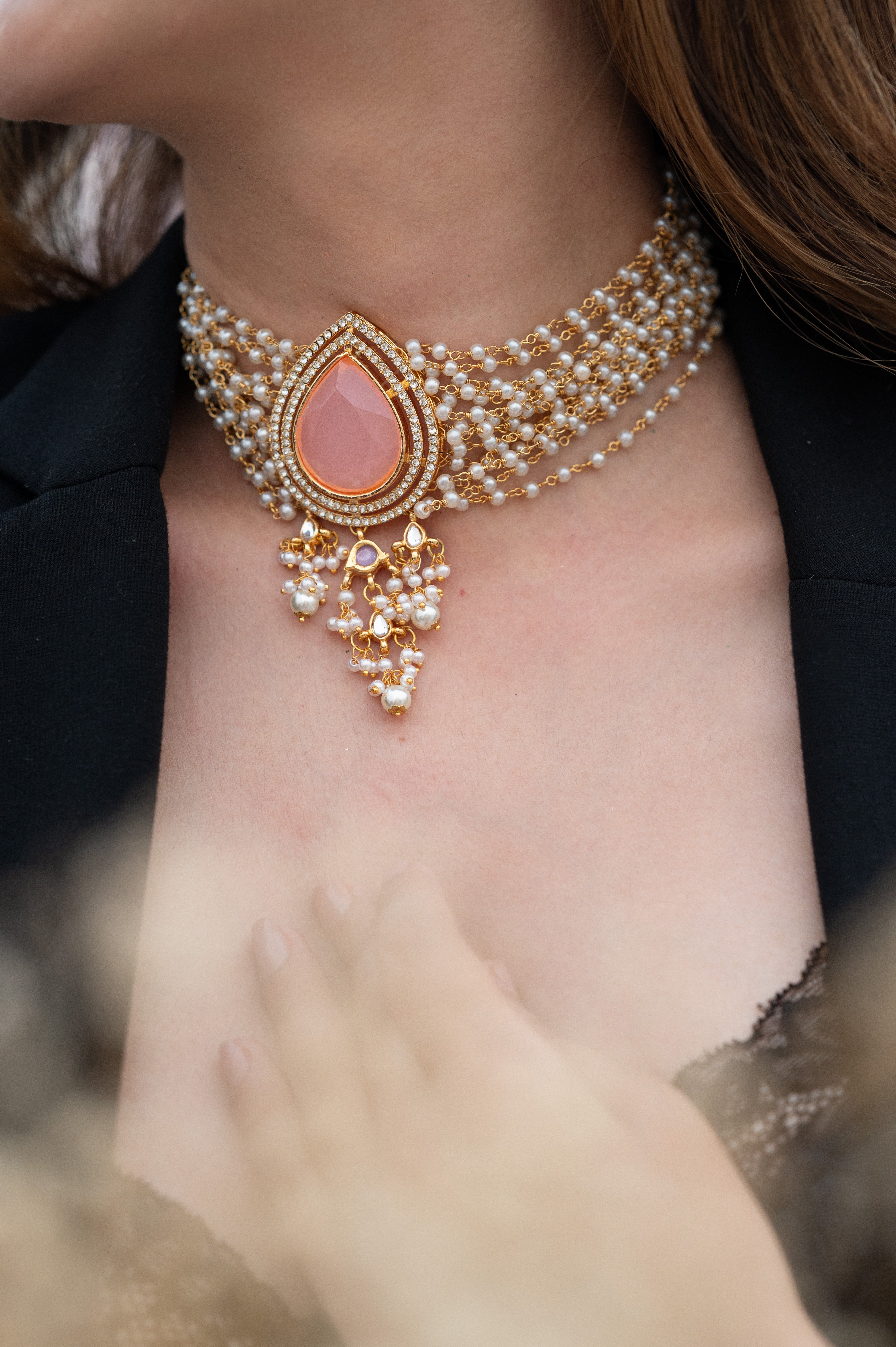 Pink Stone Pearl Beaded Choker Necklace Set