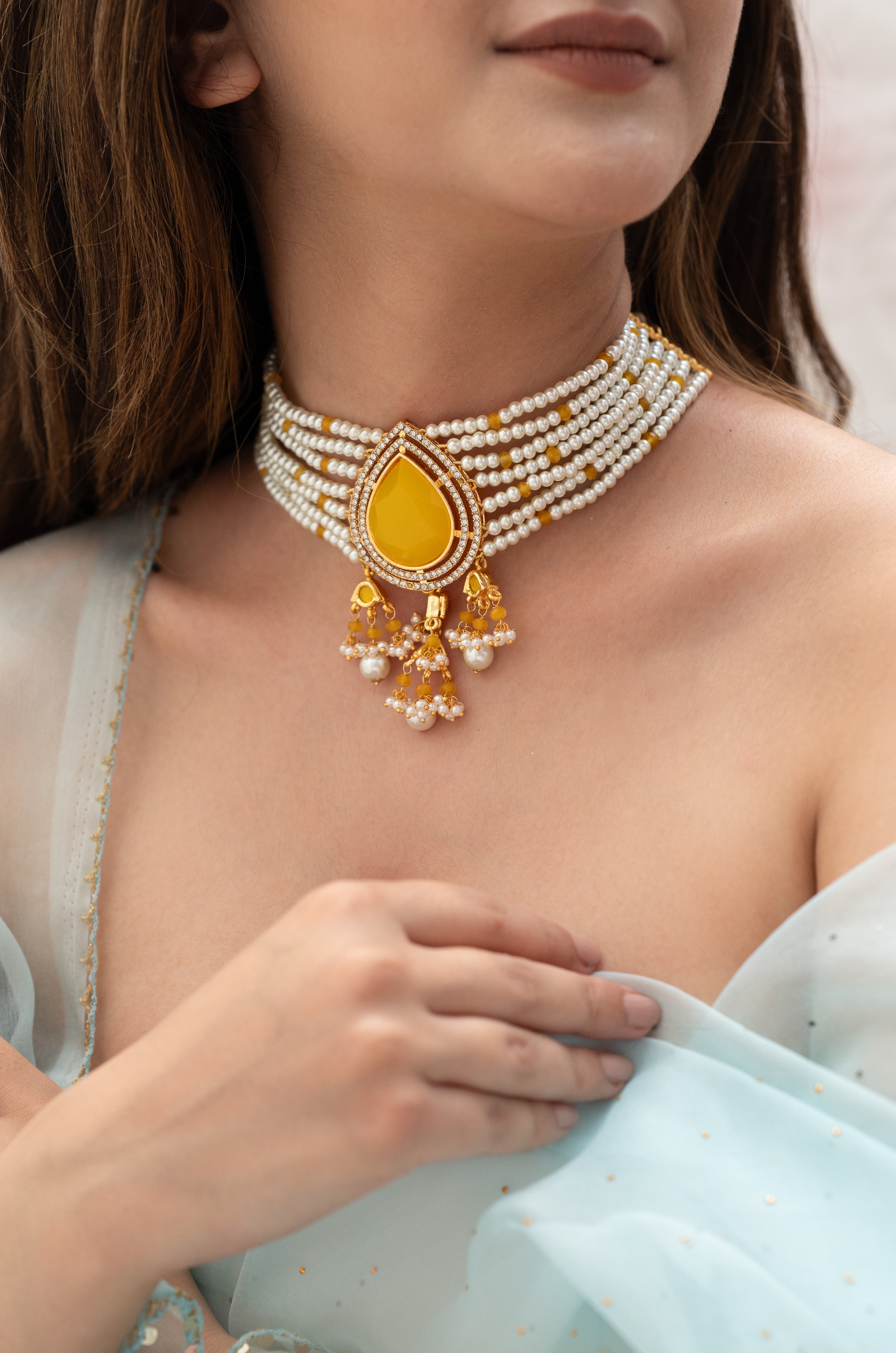 Yellow Stone Pearl Beaded Choker Necklace Set