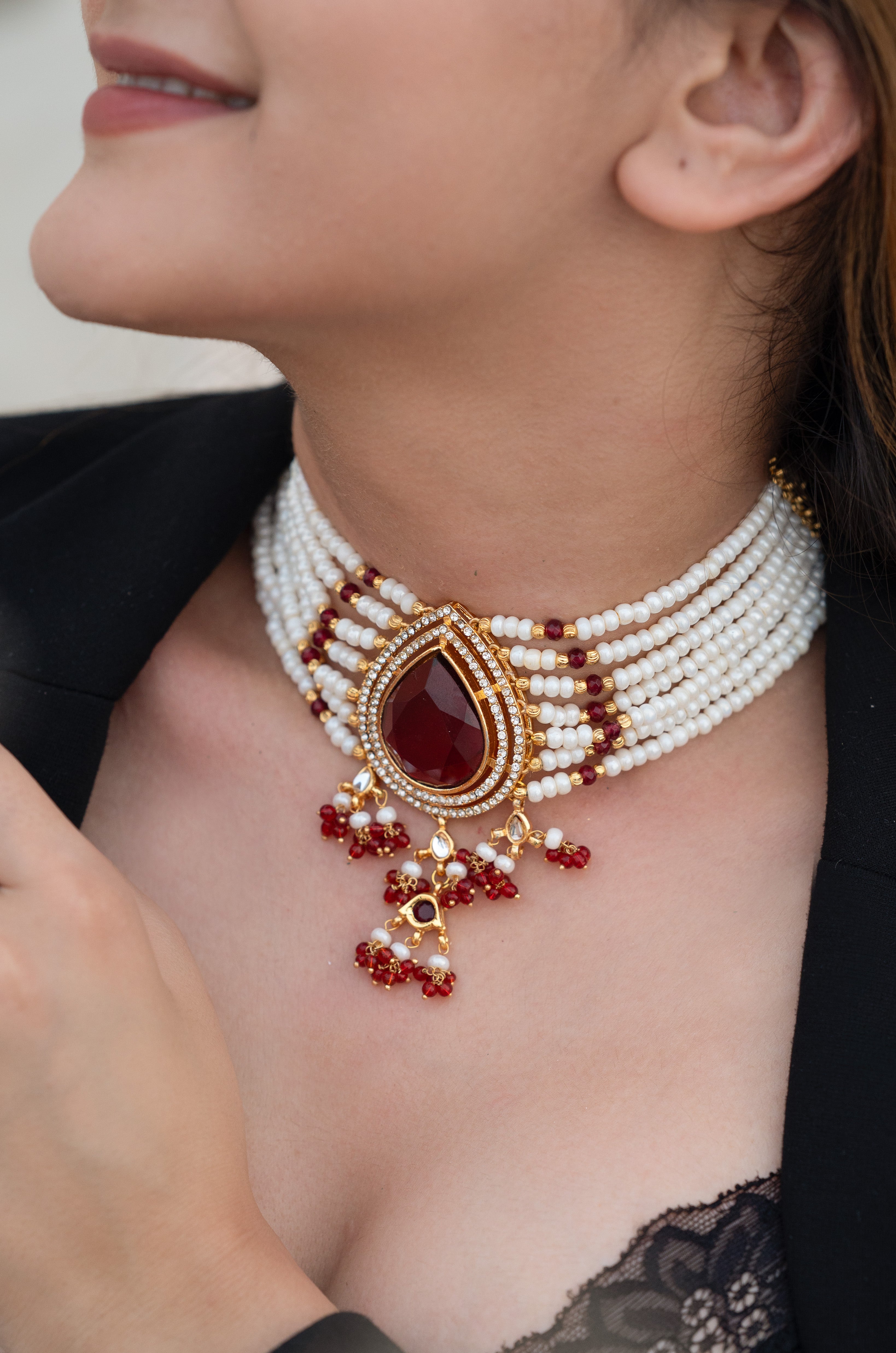Red Stone White Beaded Choker Necklace Set