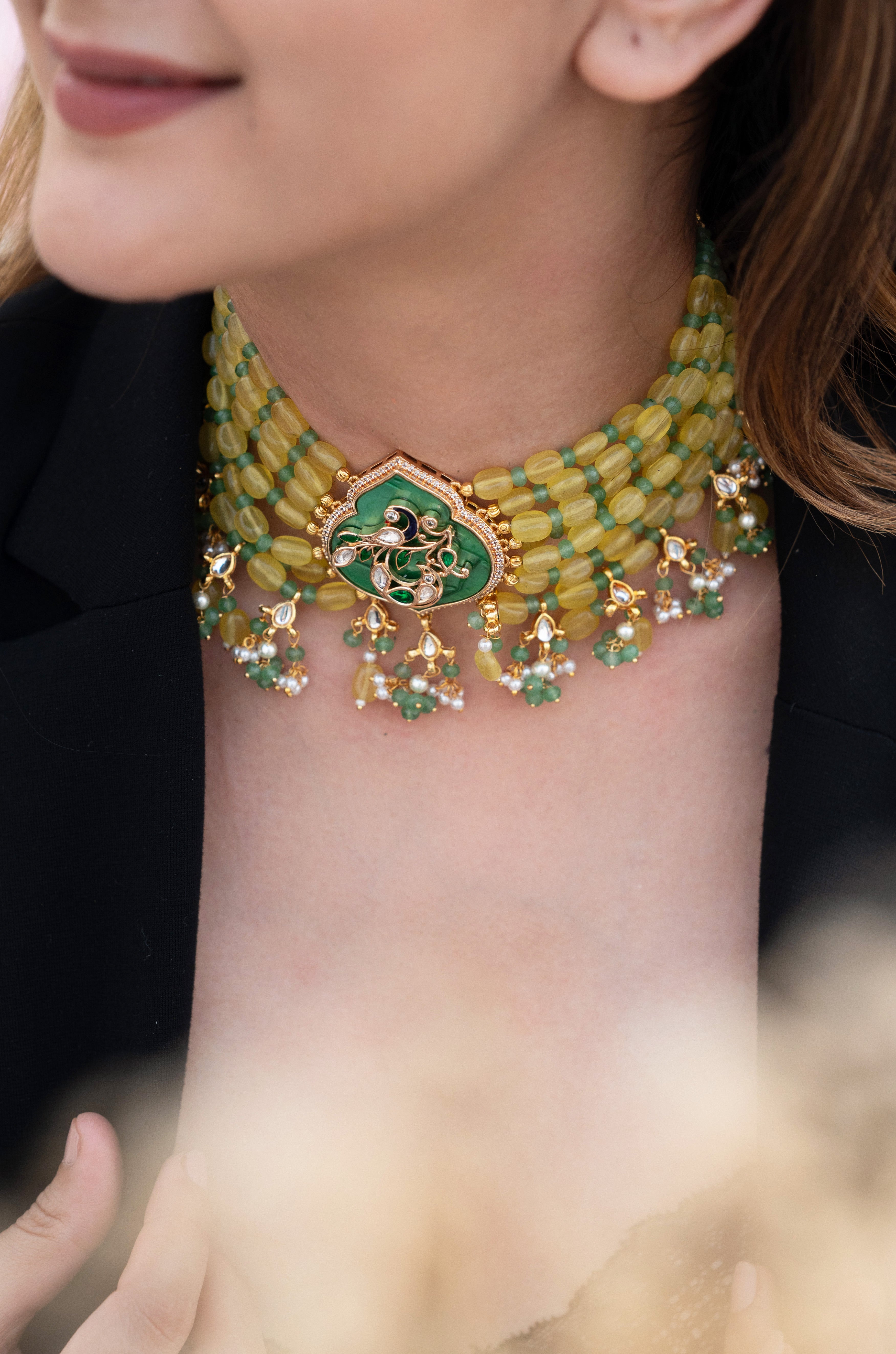 Yellow Beaded Choker with Intricate Kundan Detailing