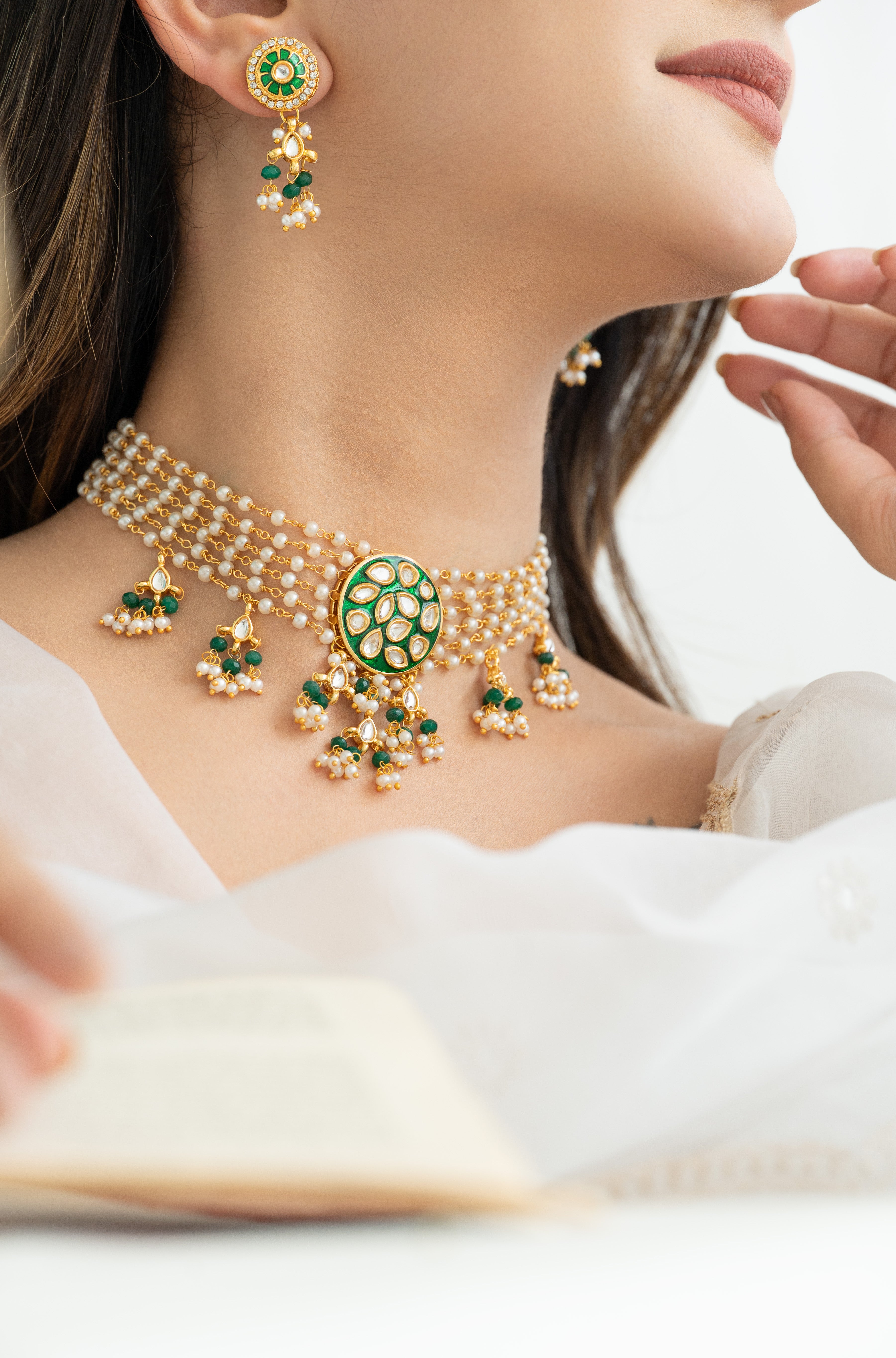 Pearl Kundan Choker Necklace Set with Green Beaded Drops