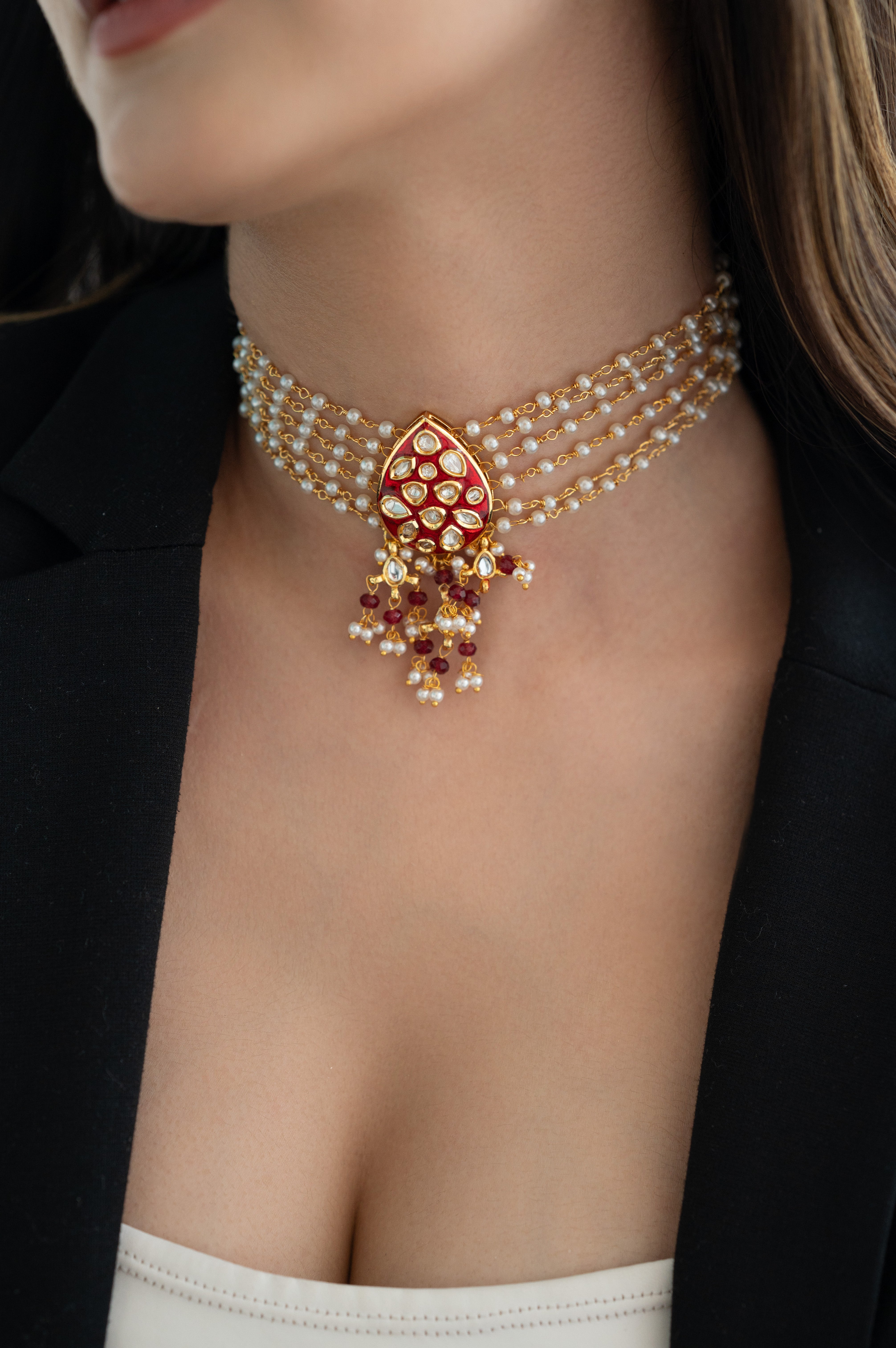 Pearl Kundan Choker Necklace Set with Red Enamel Pendant