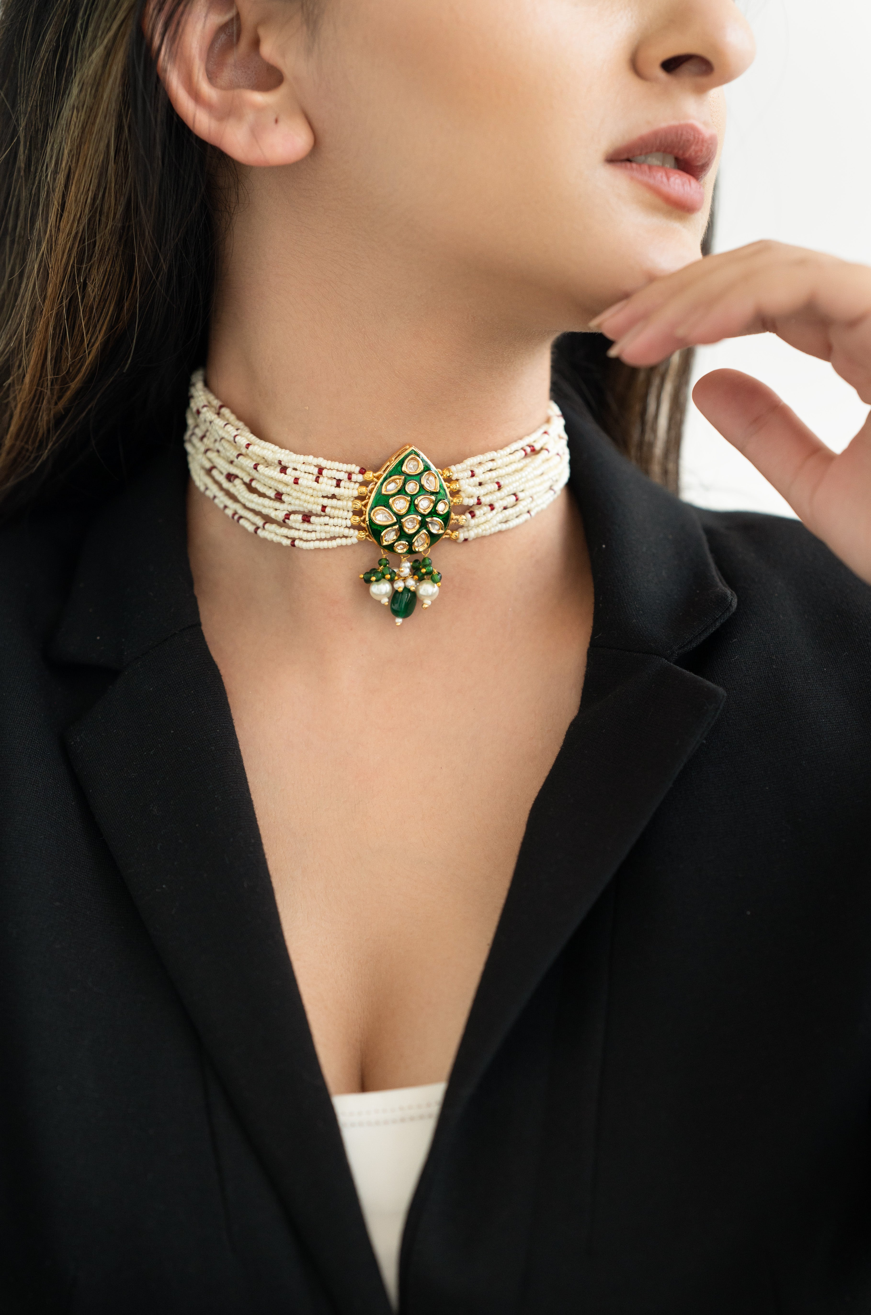 Handcrafted Pearl Kundan Choker Necklace Set with Emerald Green Enamel