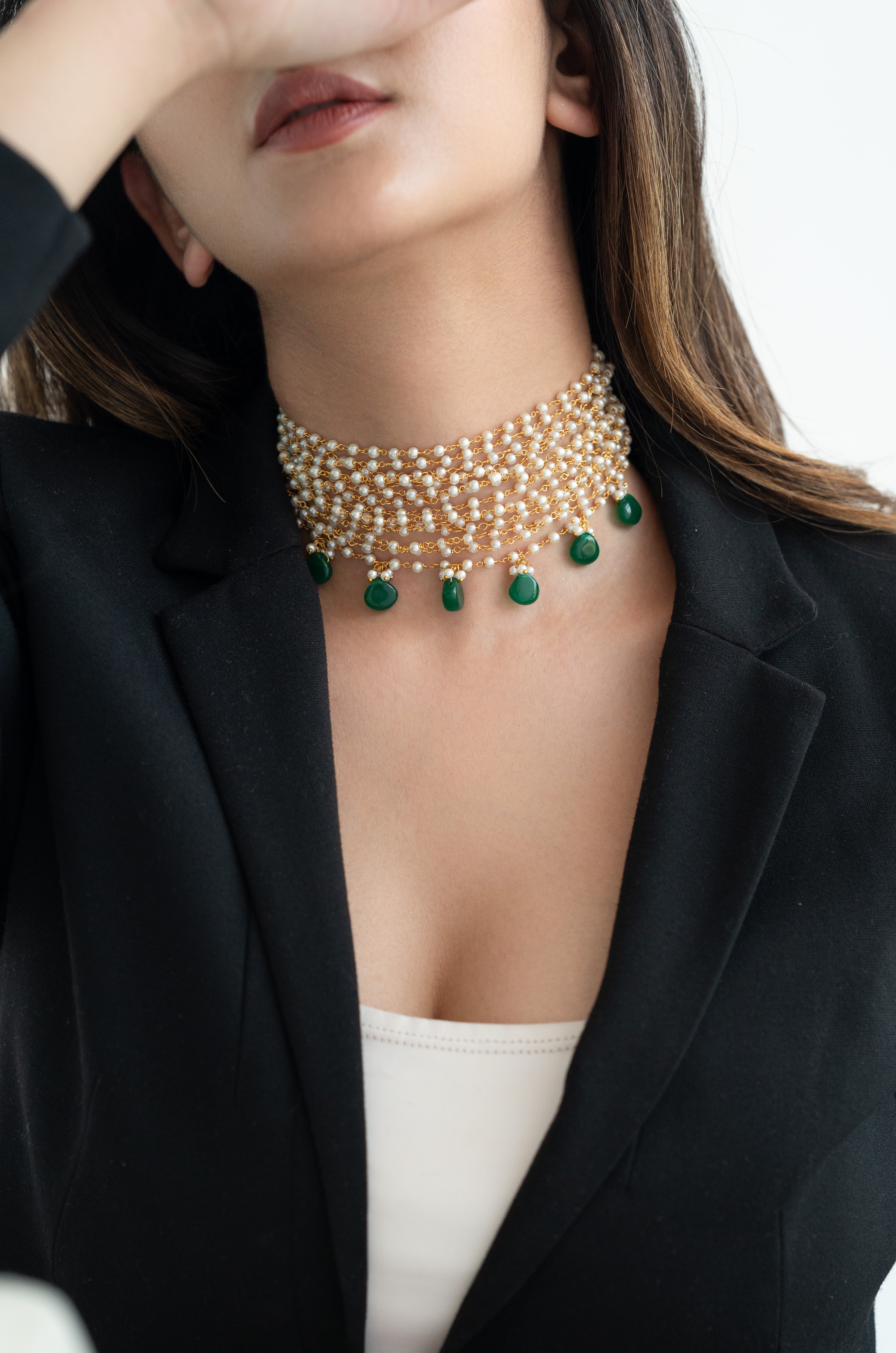 Handmade Pearl & Green Stone Choker Necklace with Earrings