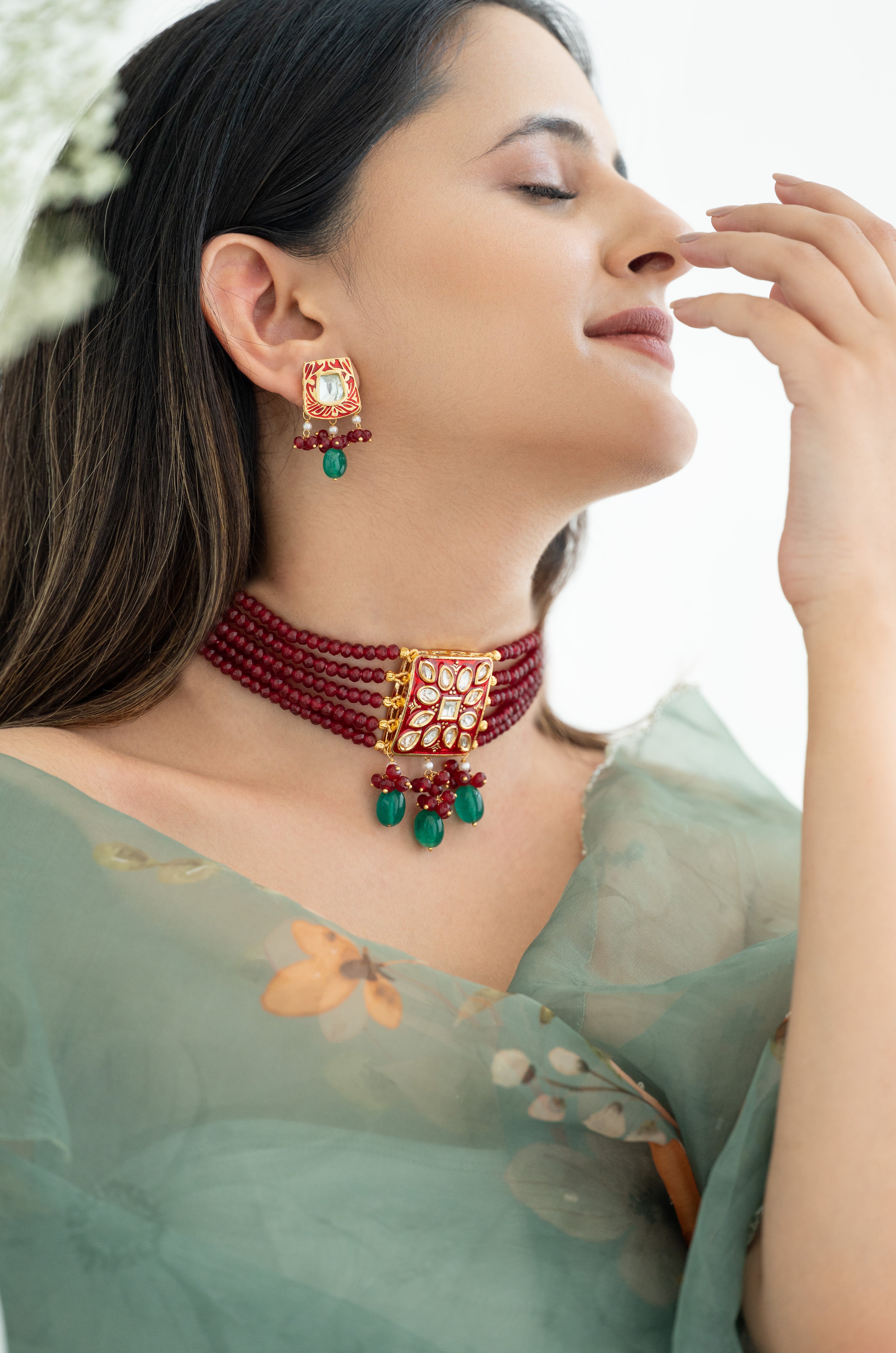 Kundan Red Beaded Choker Necklace Set with Green Drops