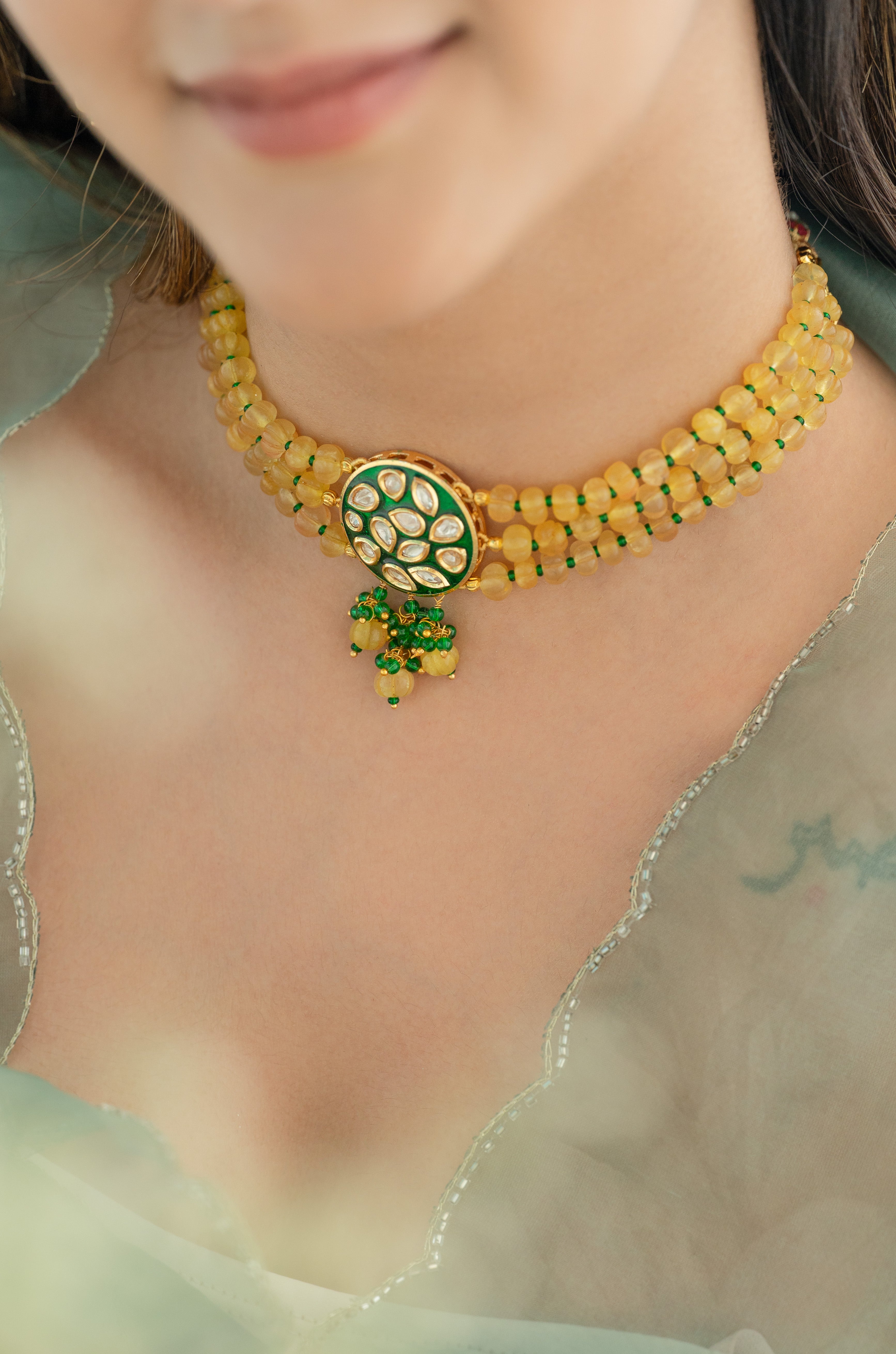 Kundan Yellow Beaded Choker Necklace Set with Green Enamel