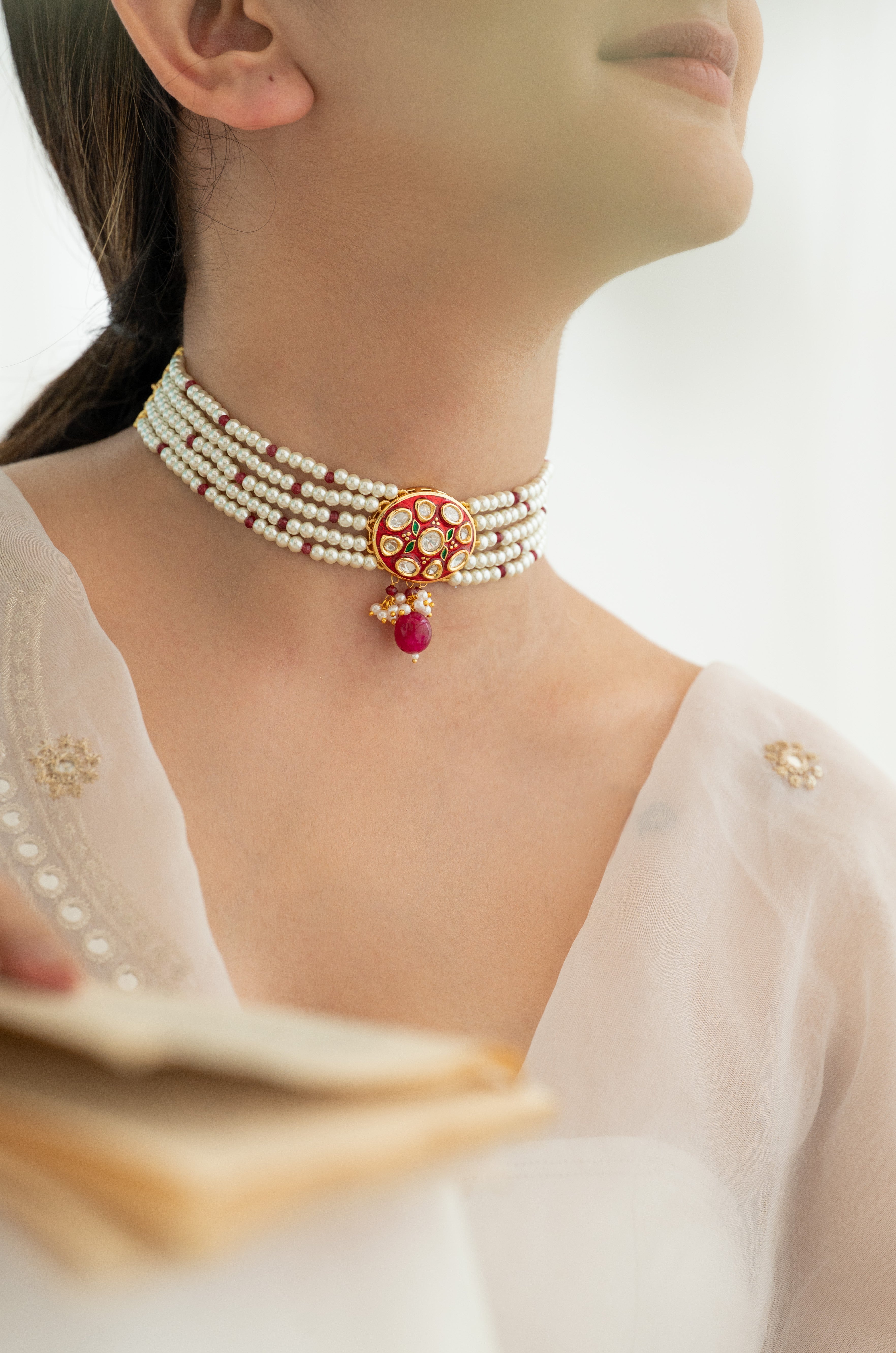 Traditional Kundan Pearl Choker Necklace Set with Ruby Red Drops