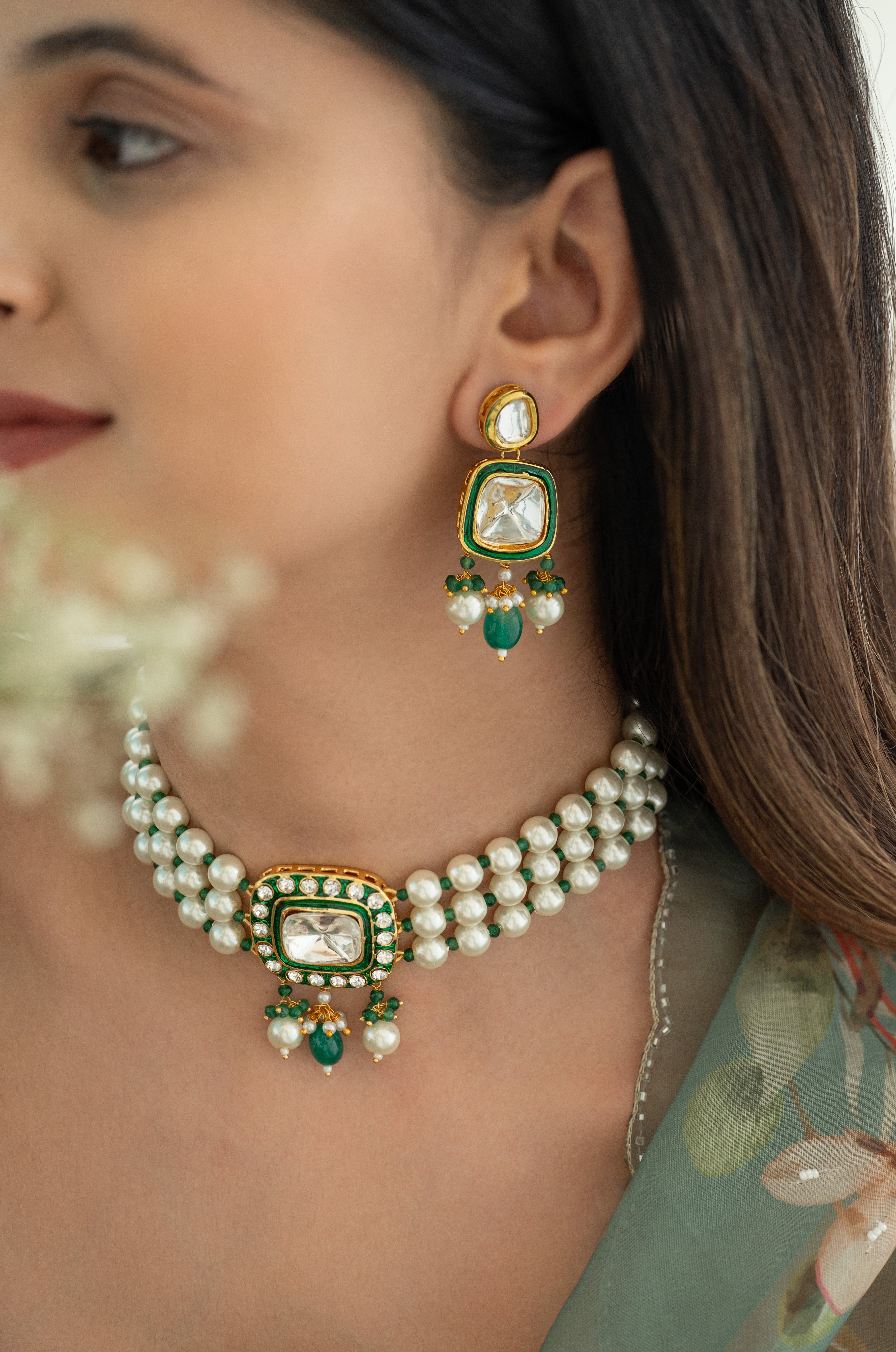 Kundan Pearl Choker Necklace Set with Green Stone Drops