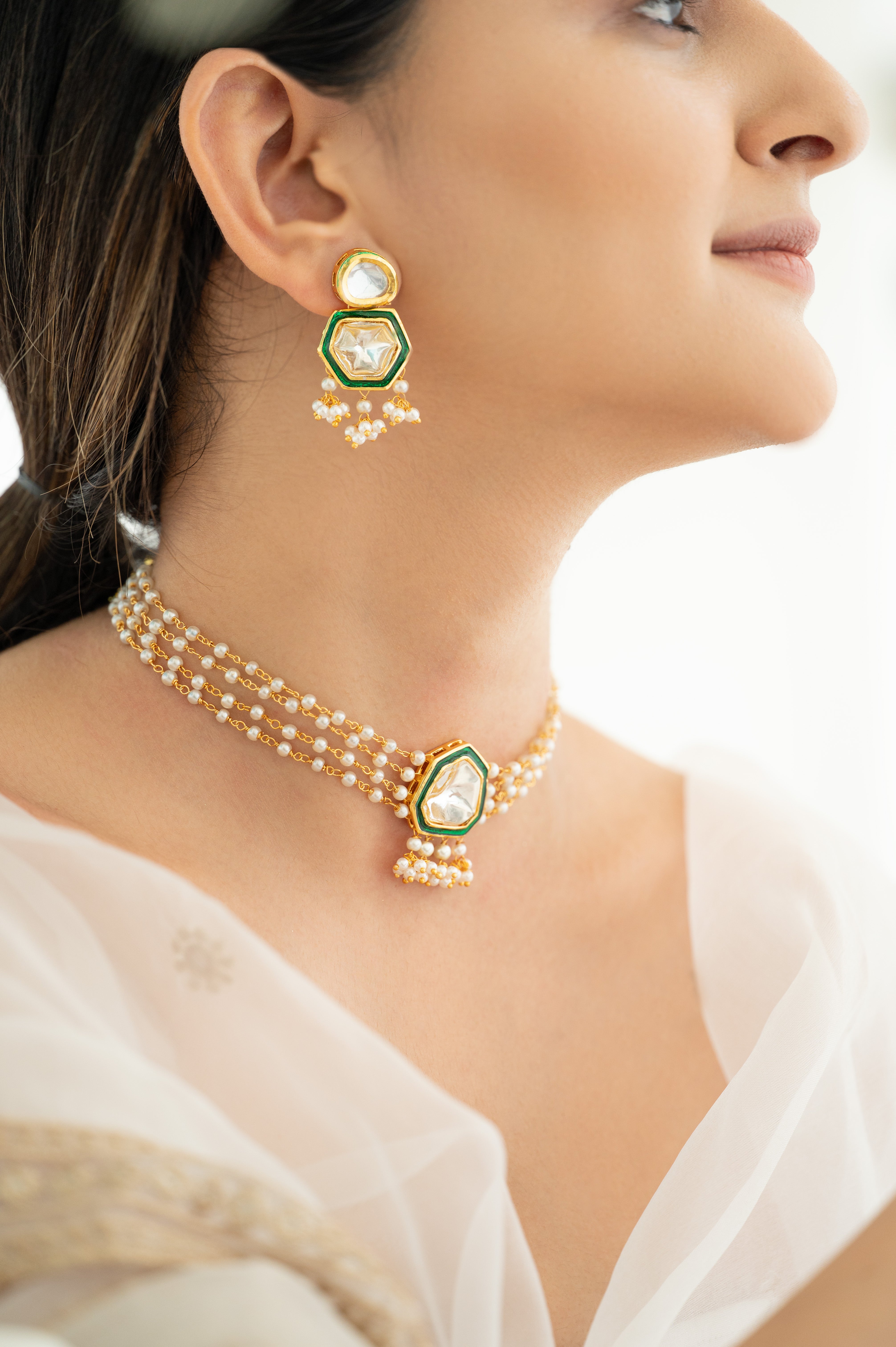 Uncut Kundan Polki Pearl Choker Necklace Set with Green Enamel