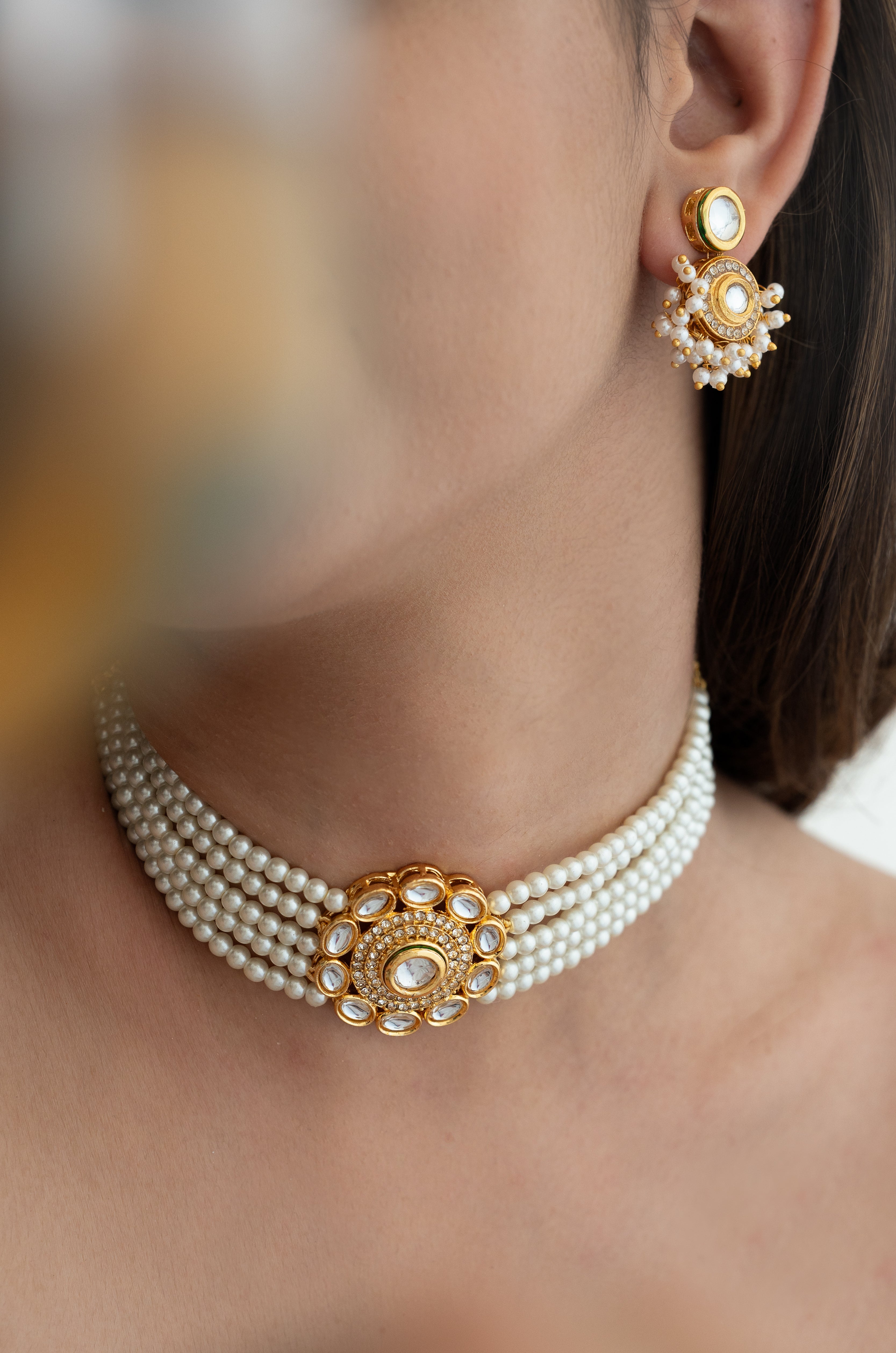 Kundan Stone Pearl Beaded Choker Necklace Set