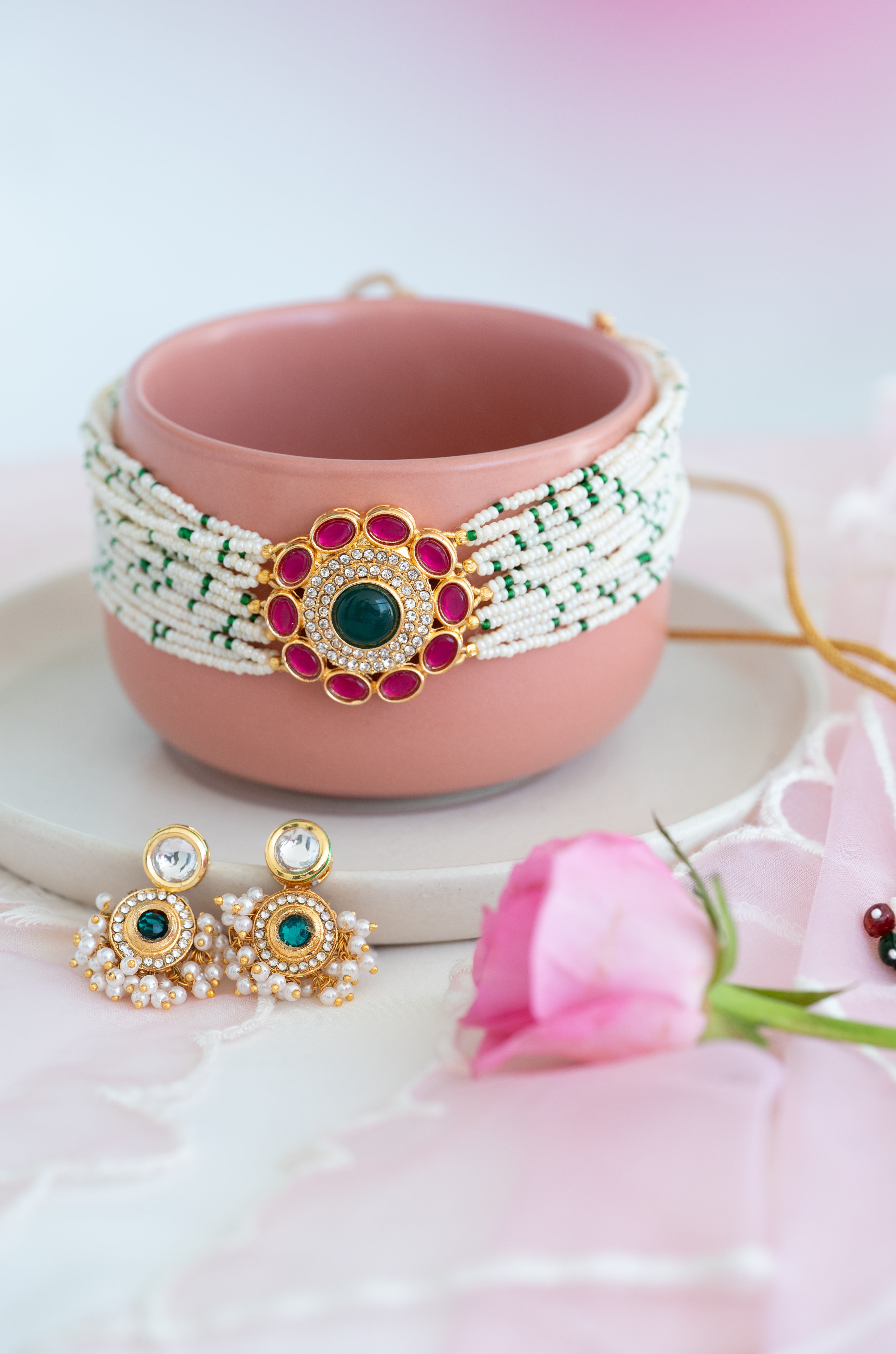 Red Stone Kundan Seed Beaded Choker Necklace Set