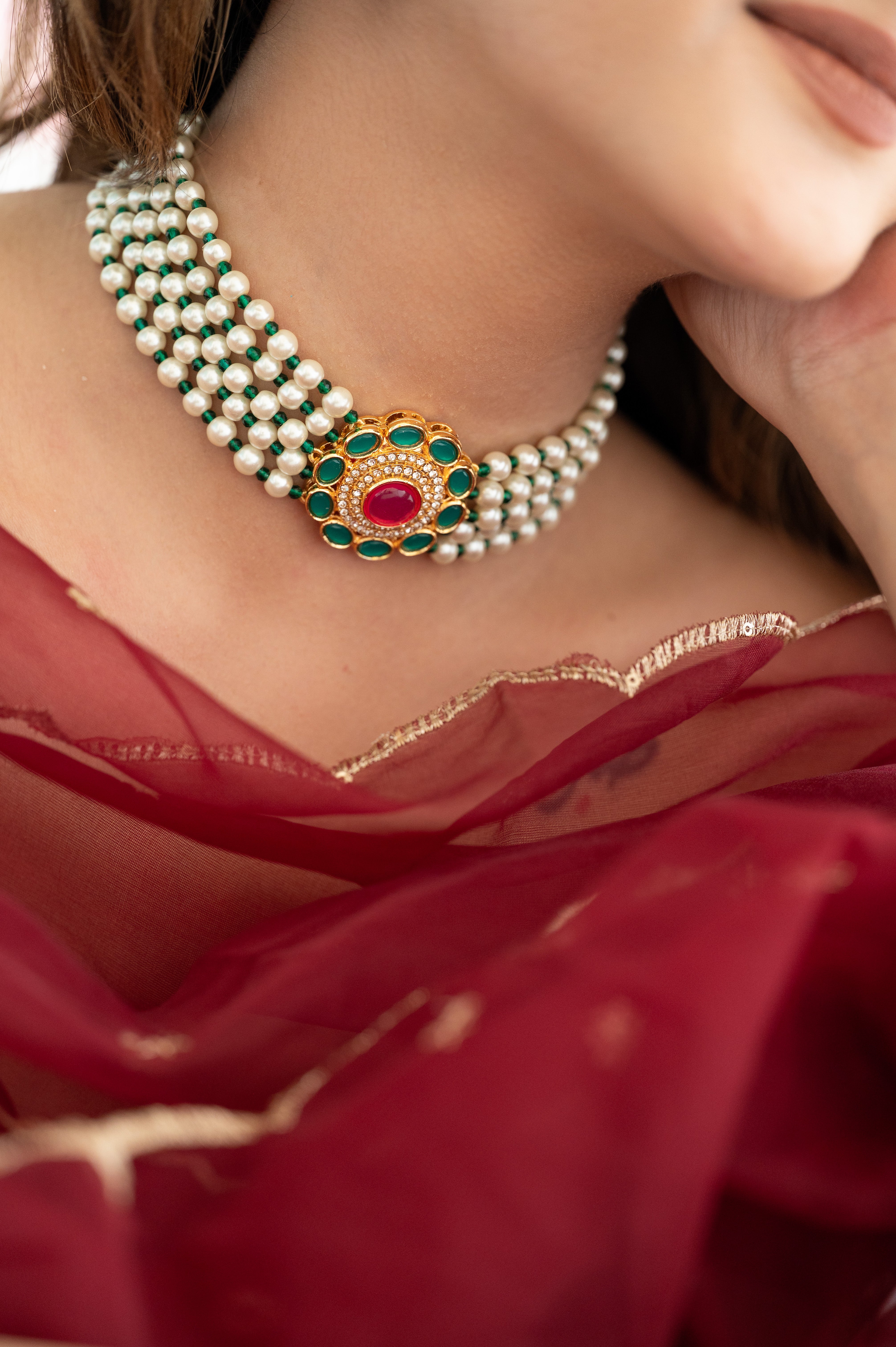 Green Stone Kundan Pearl Beaded Choker Necklace Set