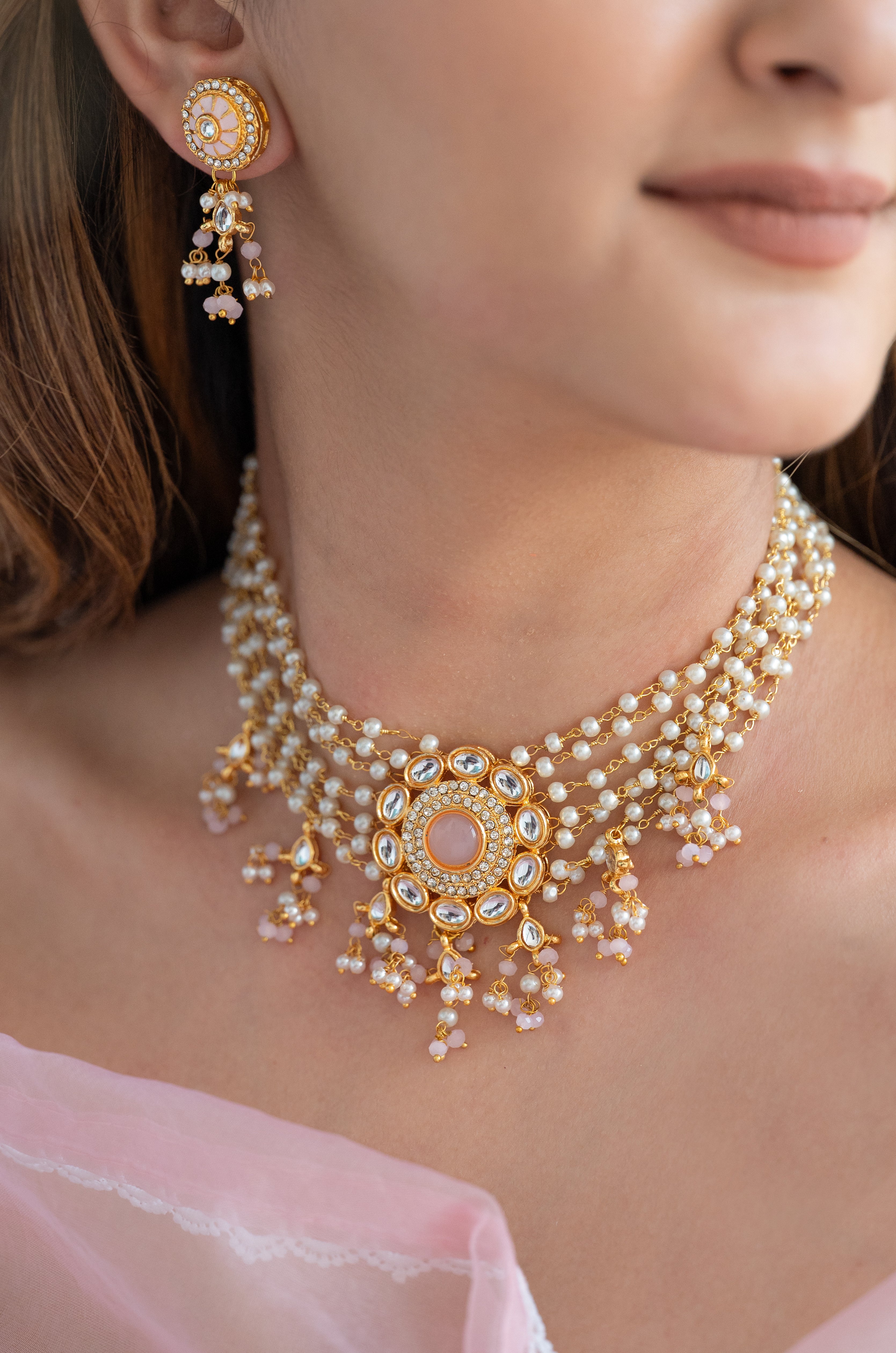 Pink Stone Kundan Pearl Beaded Choker Necklace Set