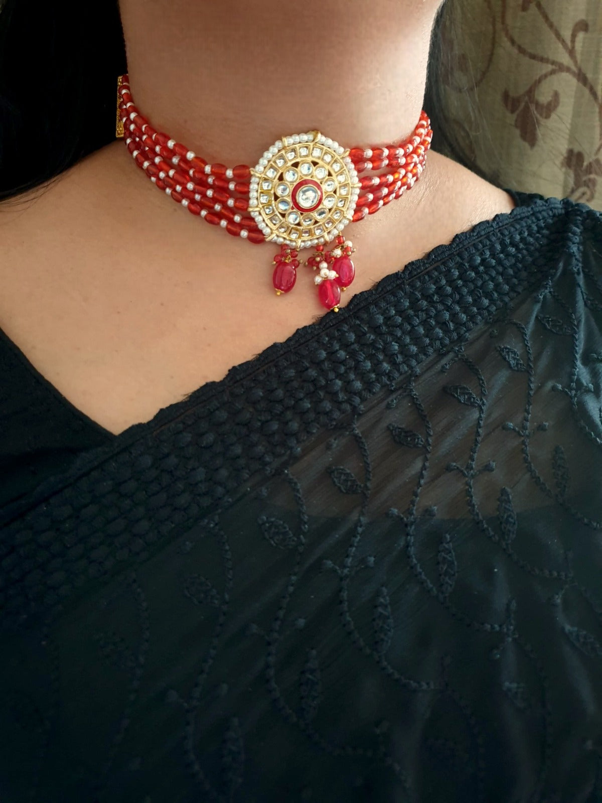 Red Beaded Kundan Choker Necklace With Earrings