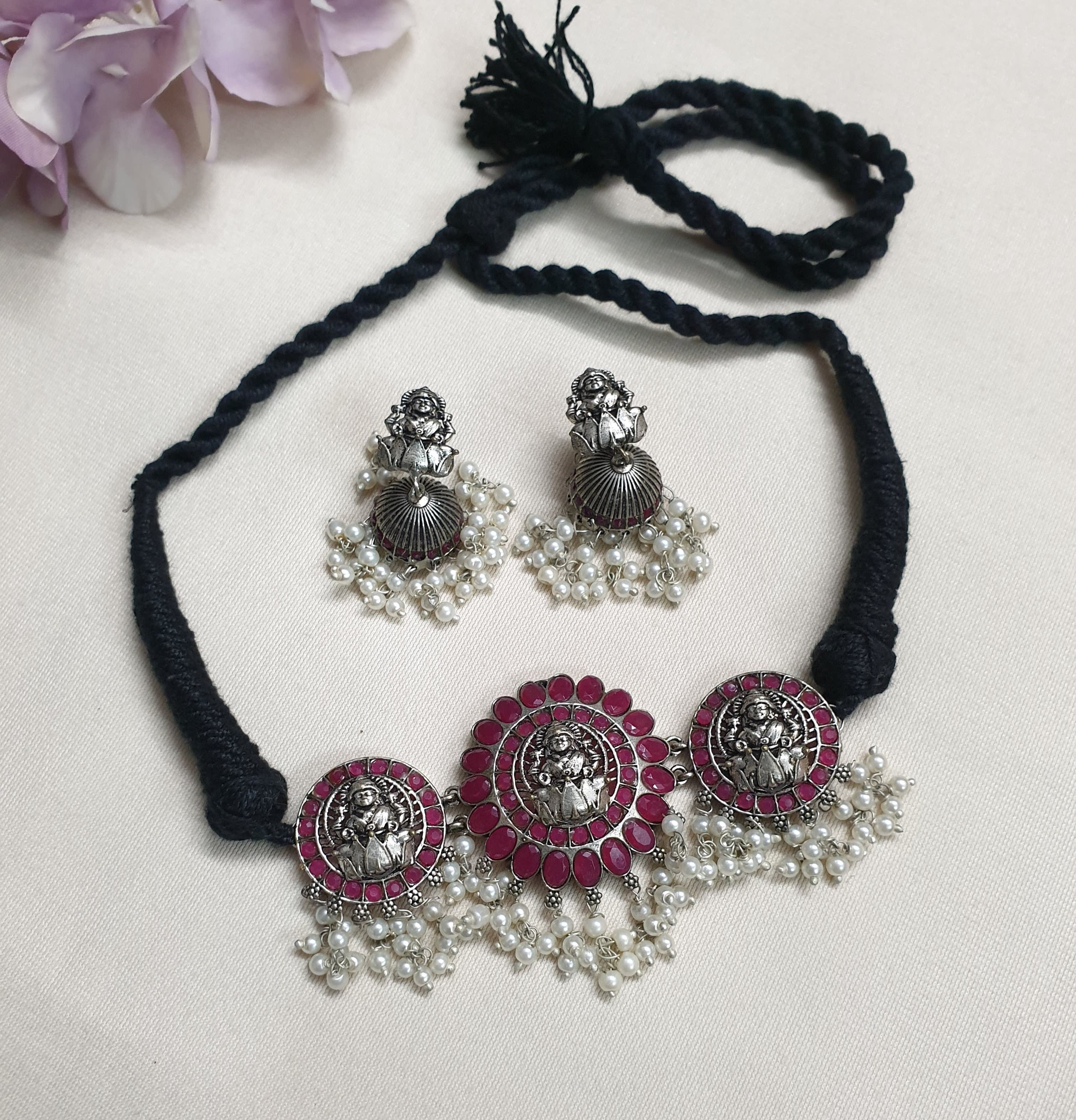 Red Stone Oxidised Silver Temple Choker Necklace