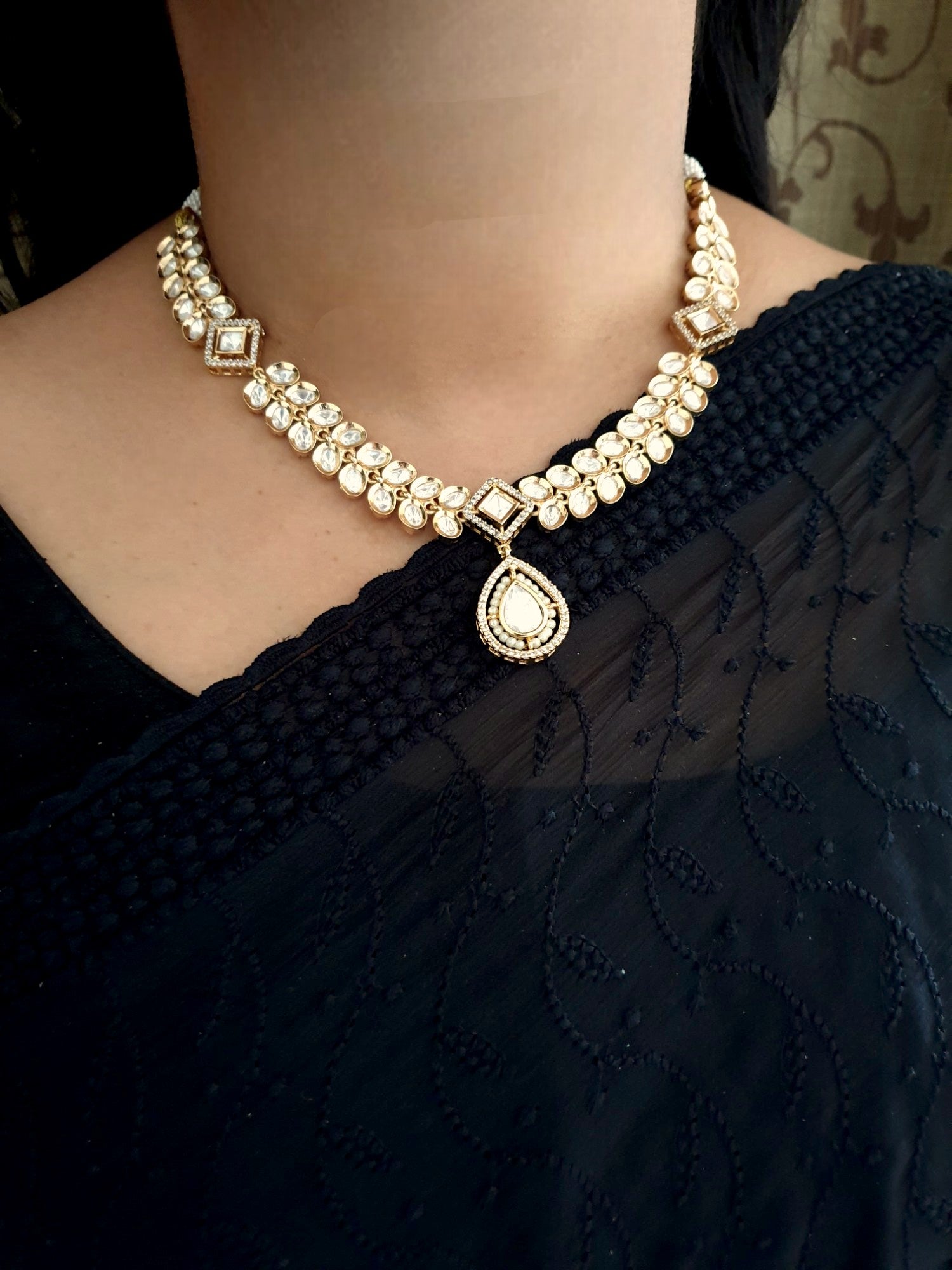 Kundan Polki Drop Necklace Set With Earrings