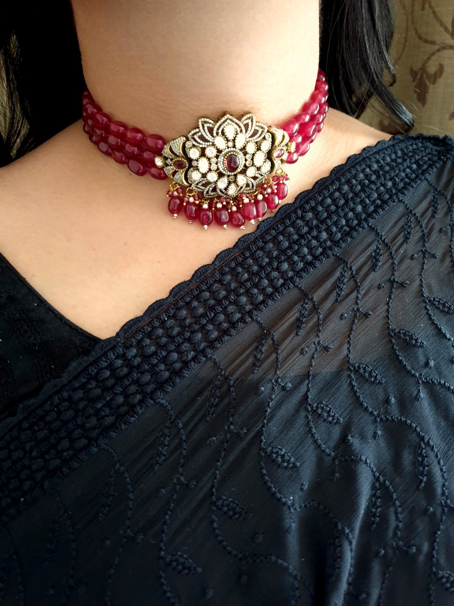 Ruby Color Moissanite Beaded Choker Neckace