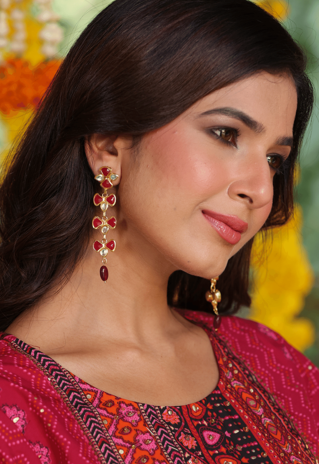 Gold Plated Red Stone Long Earrings