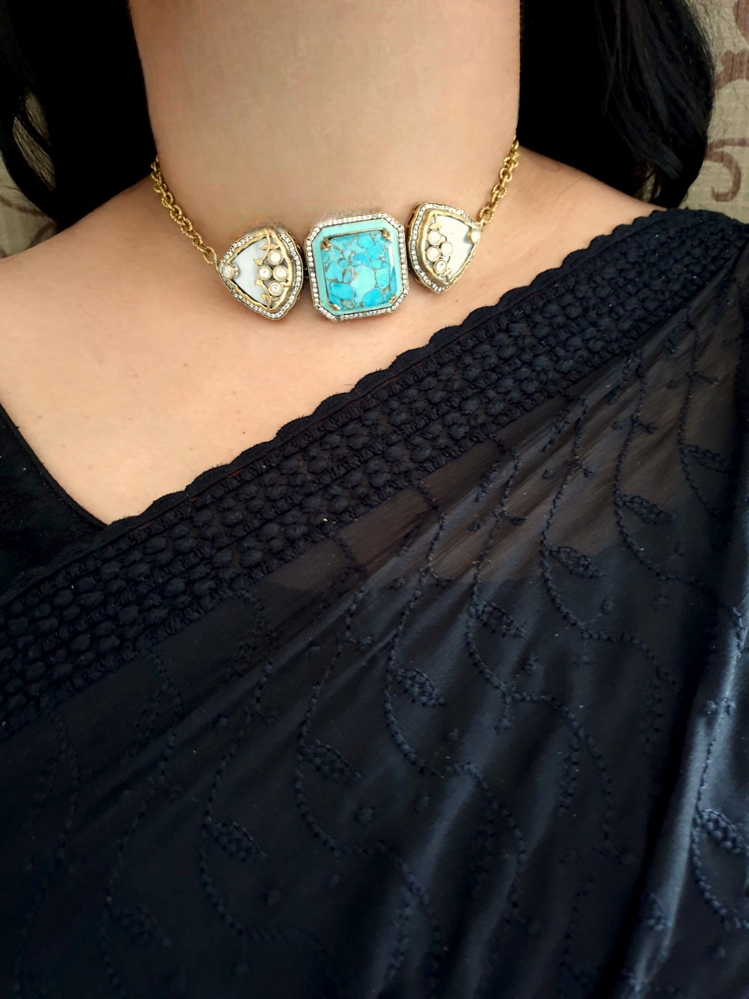 Turquoise Doublet Stone Elegant Choker Necklace With Earrings
