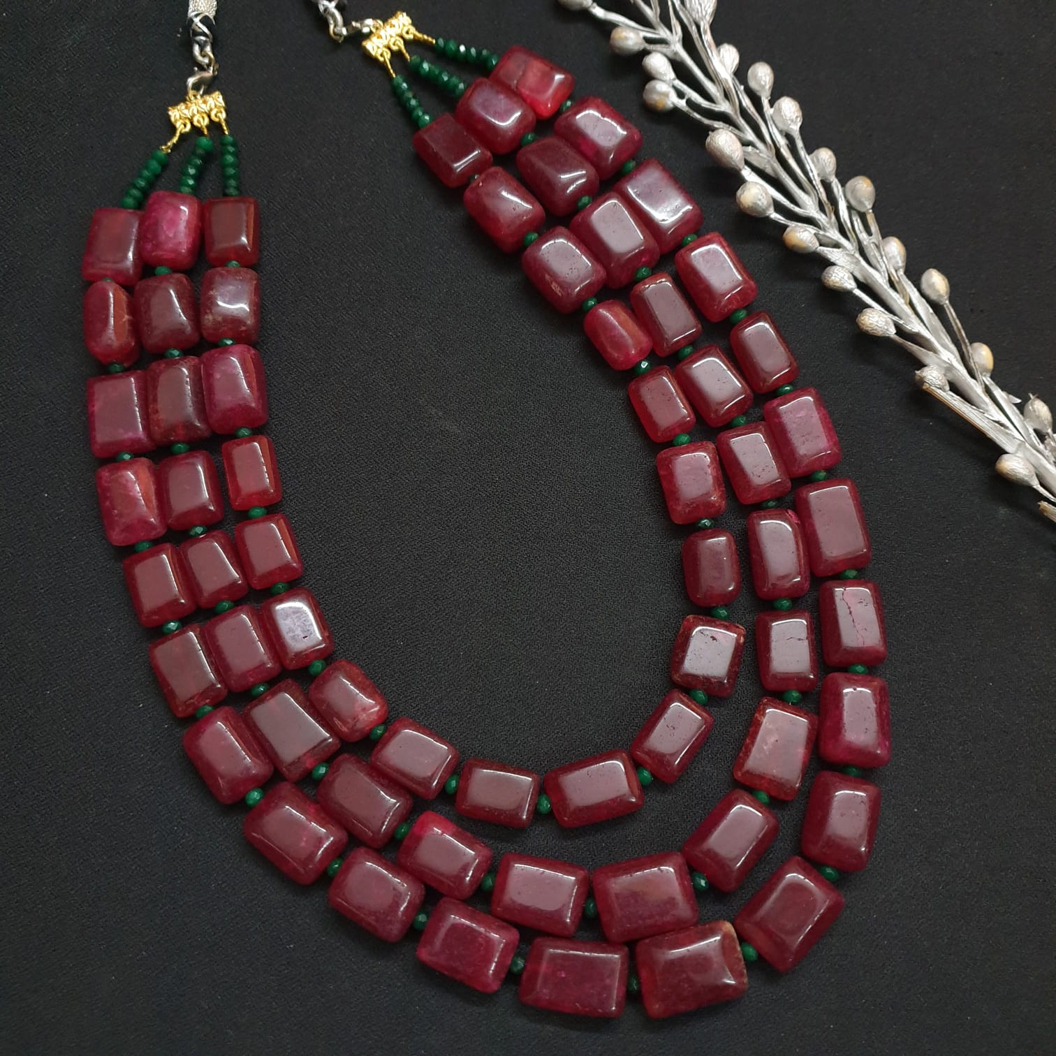 Ruby Color Rectangular Semi Precious Beads Necklace