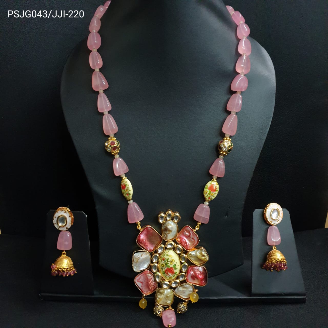 Pink Stone Beaded Designer Pendant Set