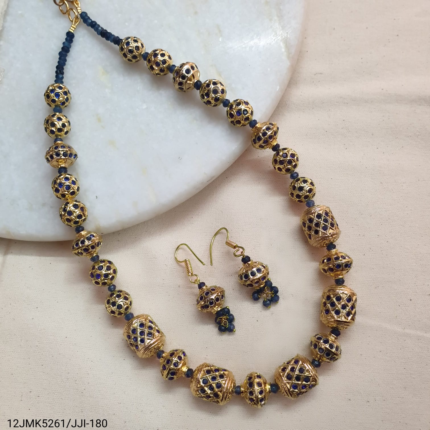 Dark Blue Jadau Bead Necklace With Earrings