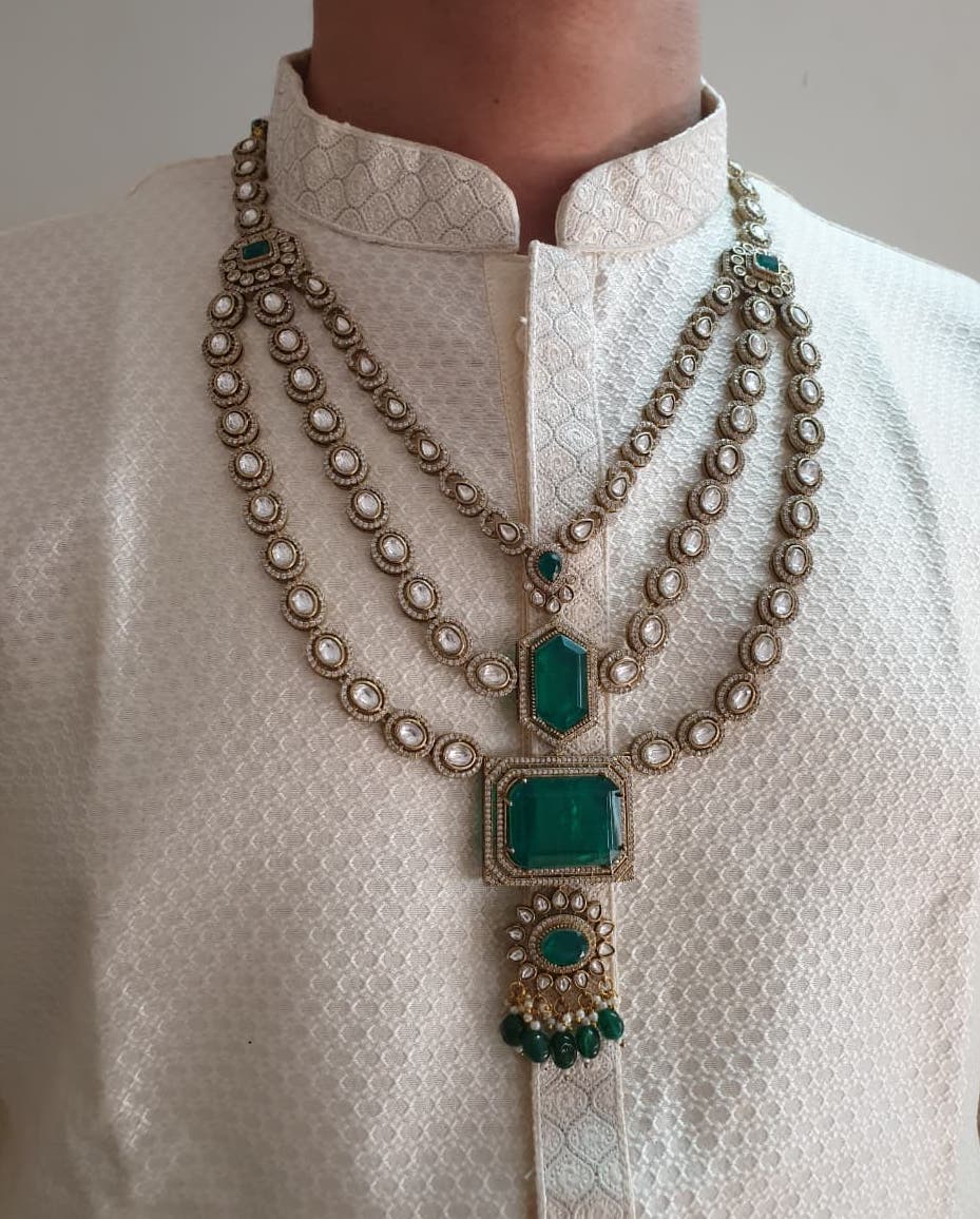 Bollywood Inspired Green Premium Kundan Polki Groom Necklace