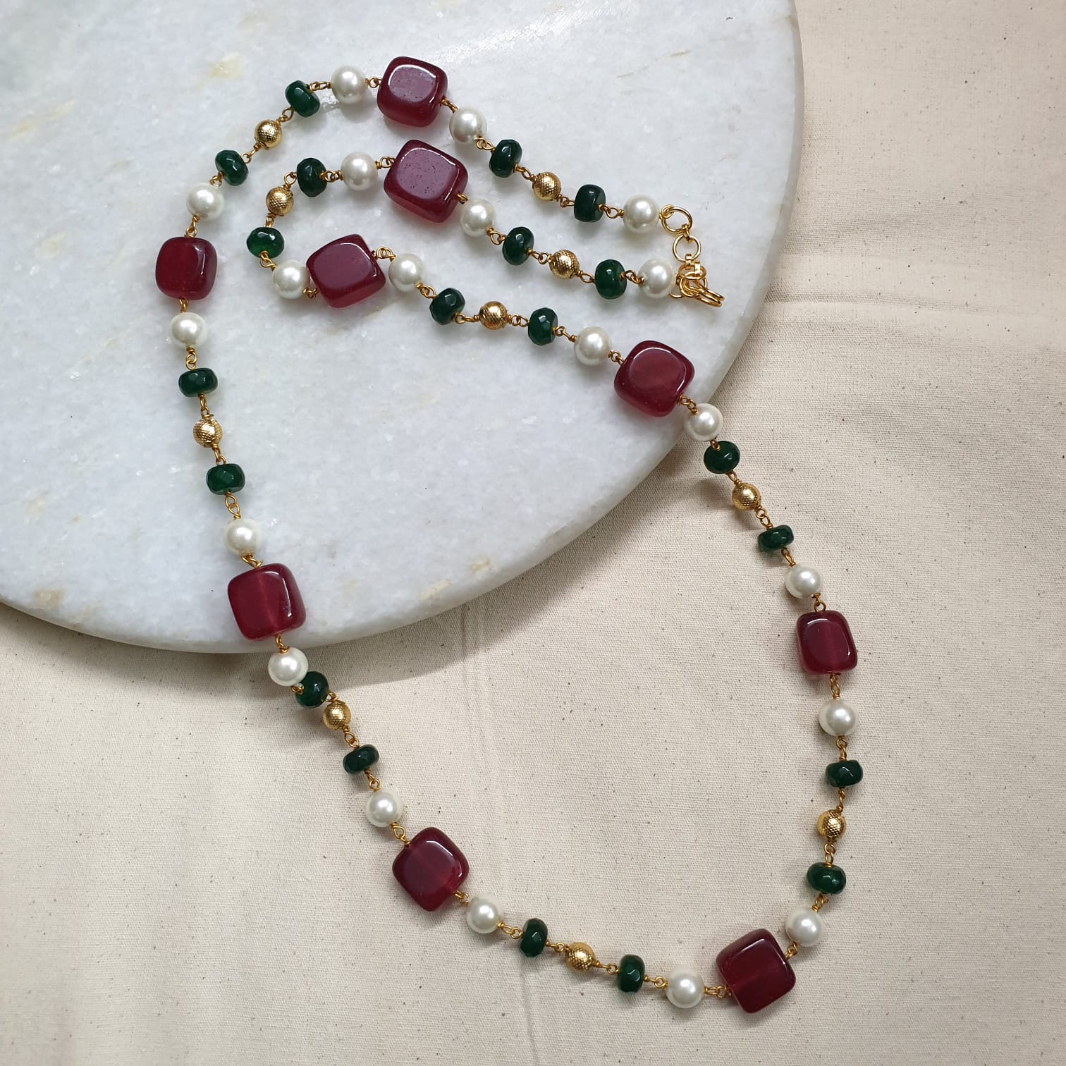 Maroon Green Stone Beads Necklace Mala