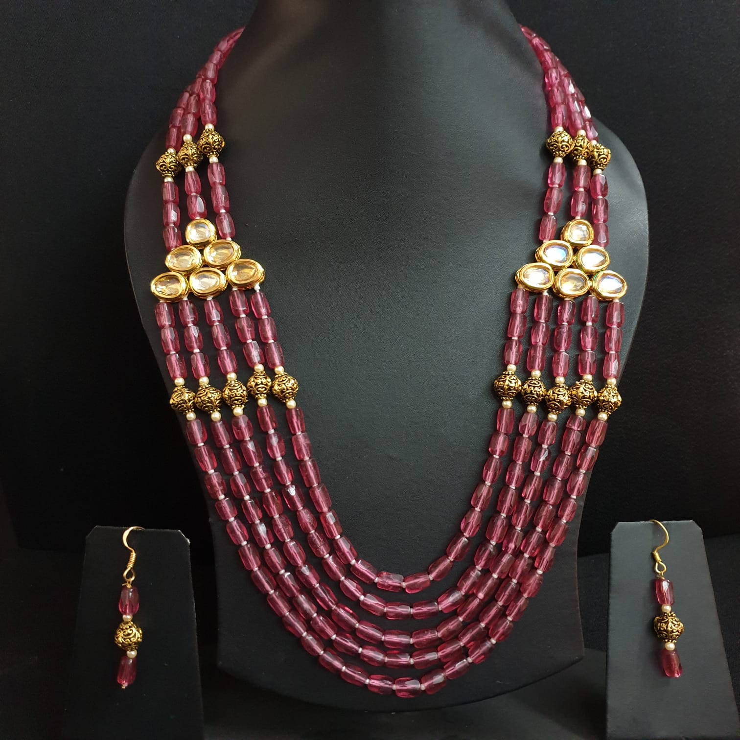 Tourmaline Color Kundan Necklace With Earrings