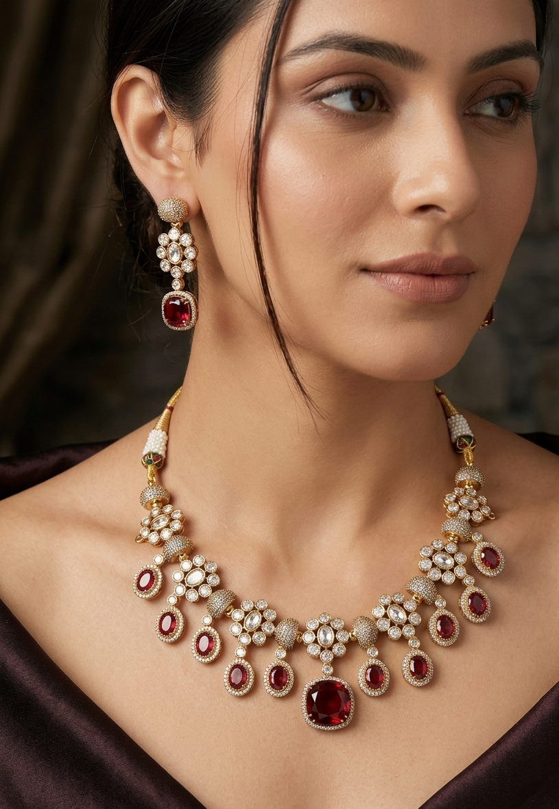 Ruby Polki American Diamond Drop Necklace