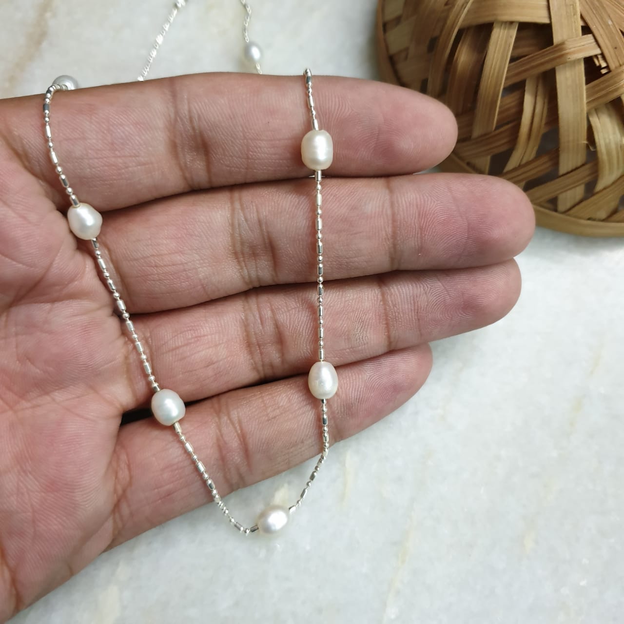 Silver Tone Baroque Pearl Beaded Necklace