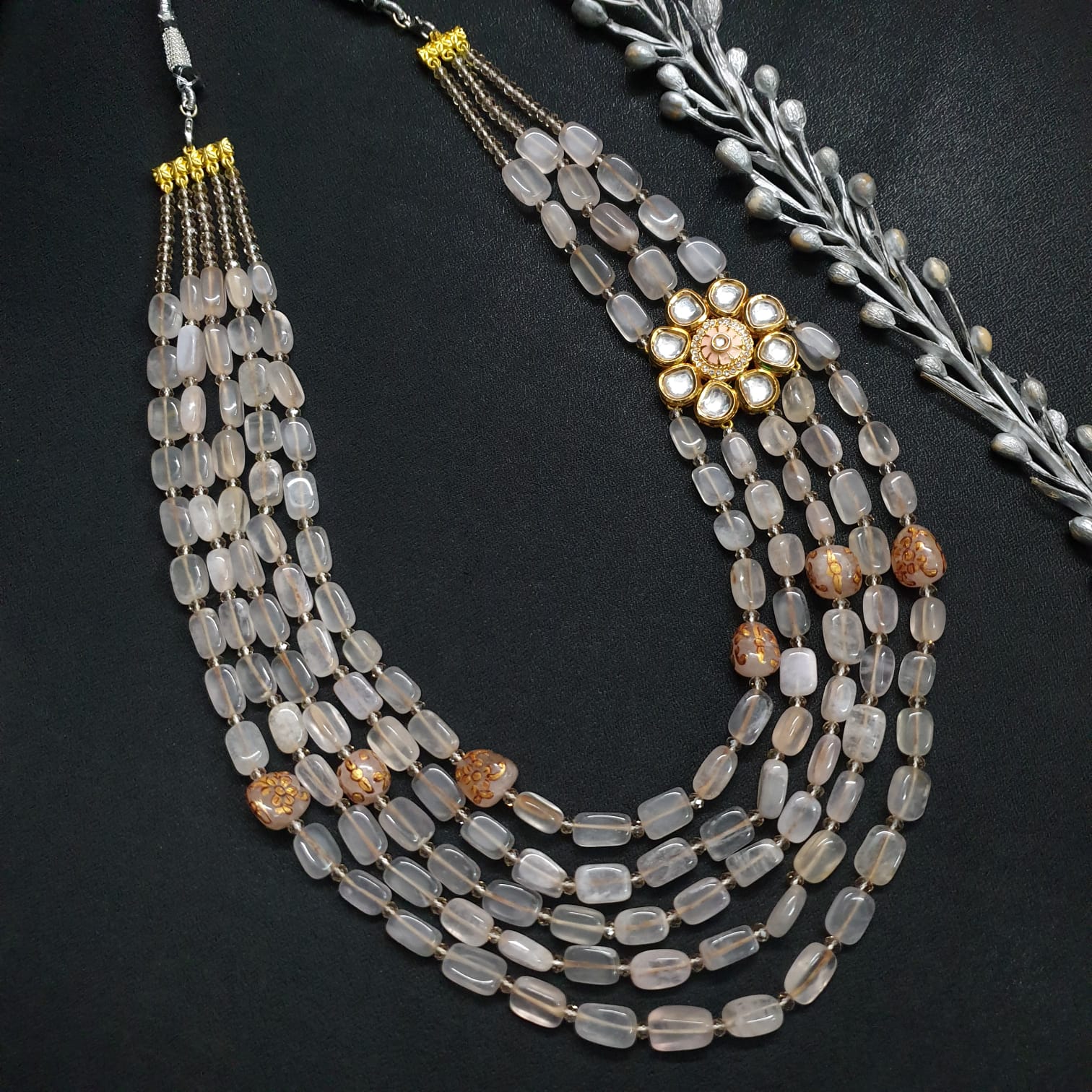 Baby Pink Layered Kundan Meenakari Brooch Necklace