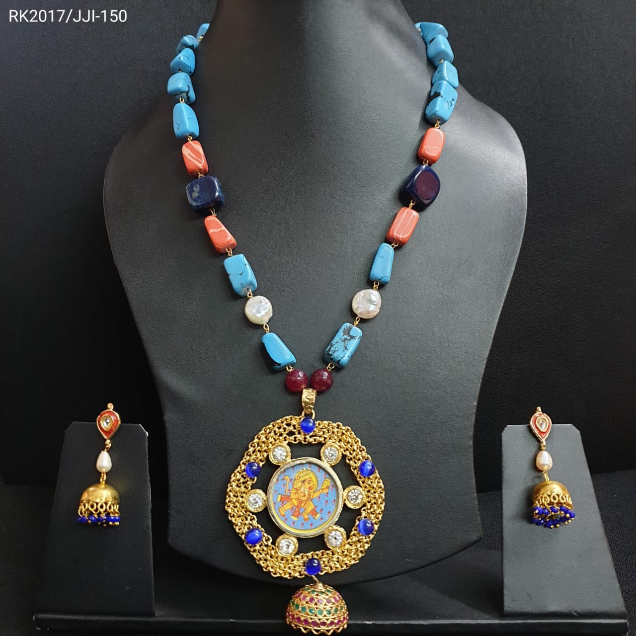 Turquoise Beaded Lord Hanuman Pendant Set With Earrings