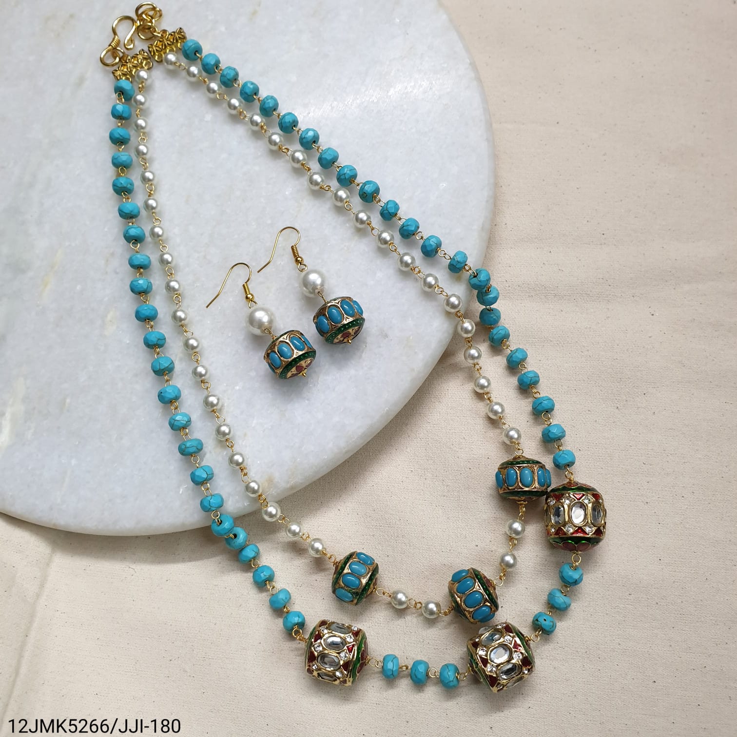 Turquoise and Pearl Beaded Jadau Necklace With Earrings