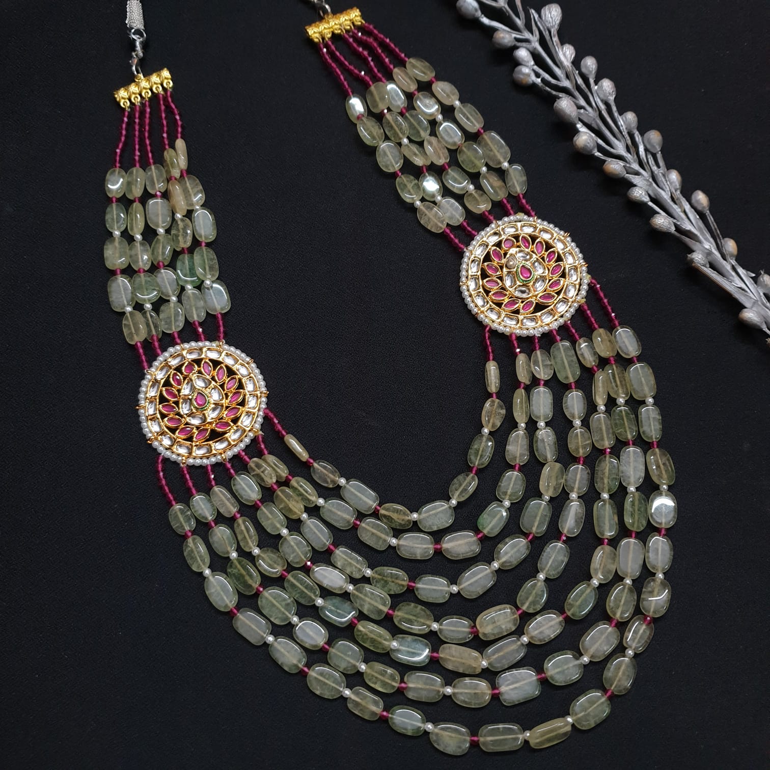 Green Kundan Brooch Long Necklace