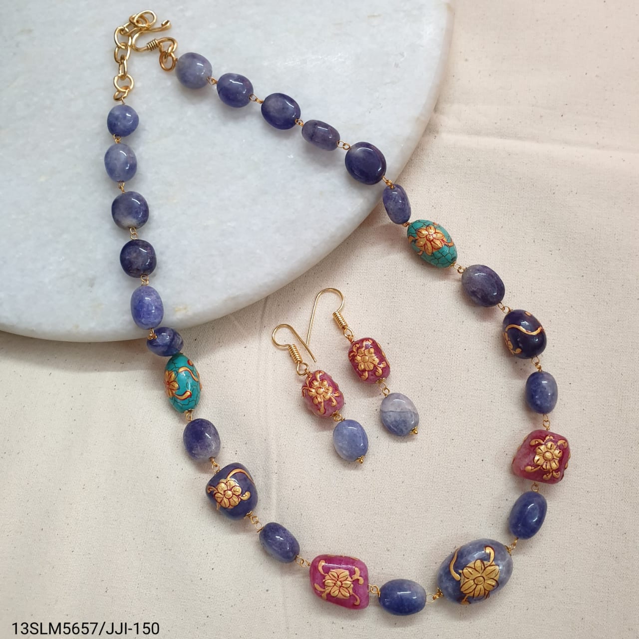Blue Handpainted Bead Stone Necklace With Earrings