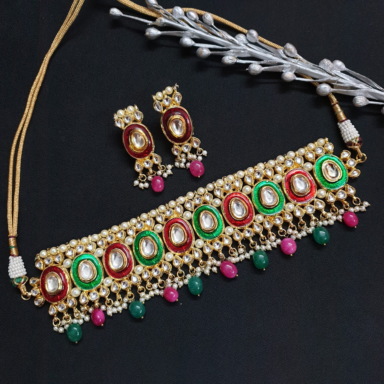 Red Green Beaded Kundan Choker Necklace