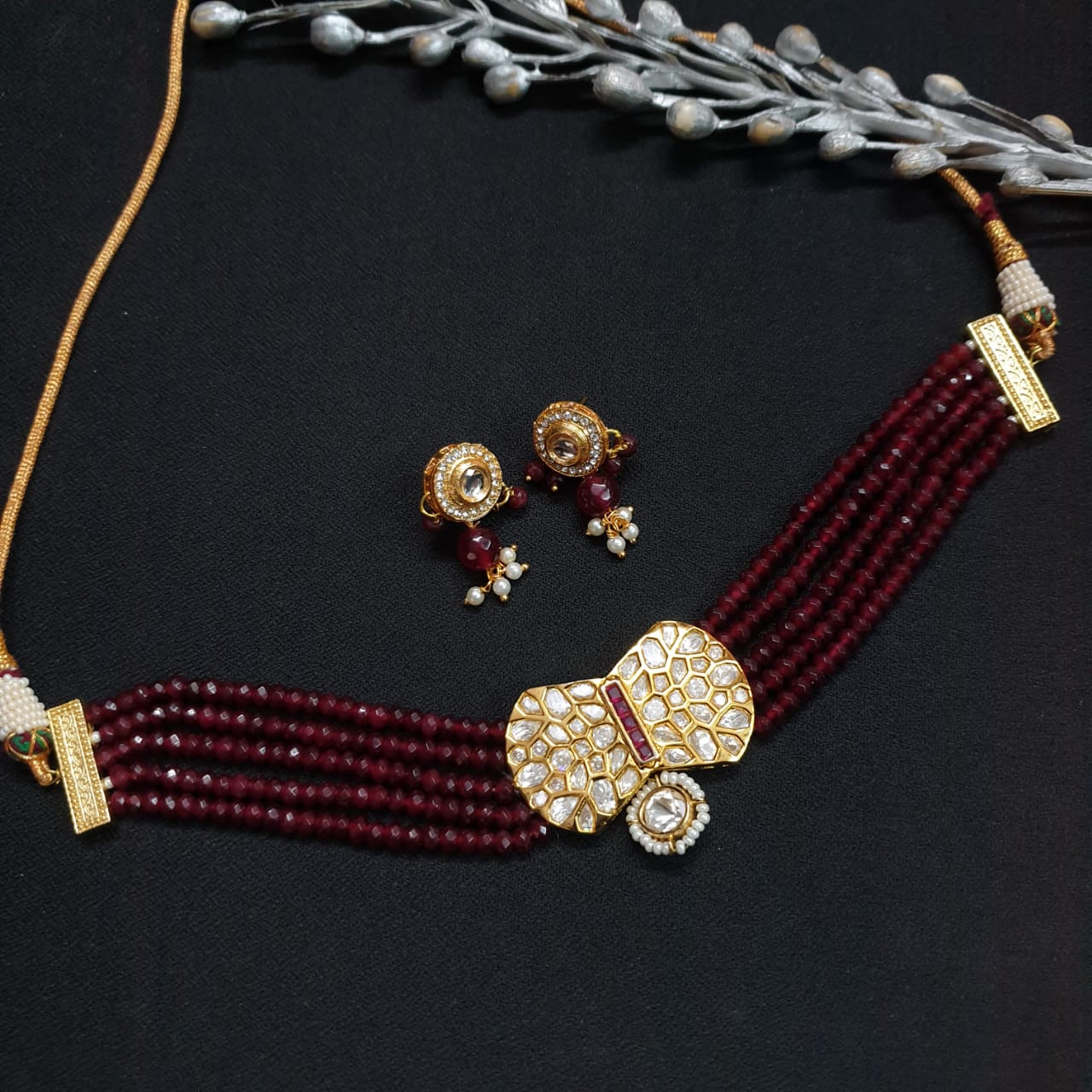 Ruby Stone Beads Kundan Choker Necklace With Earrings