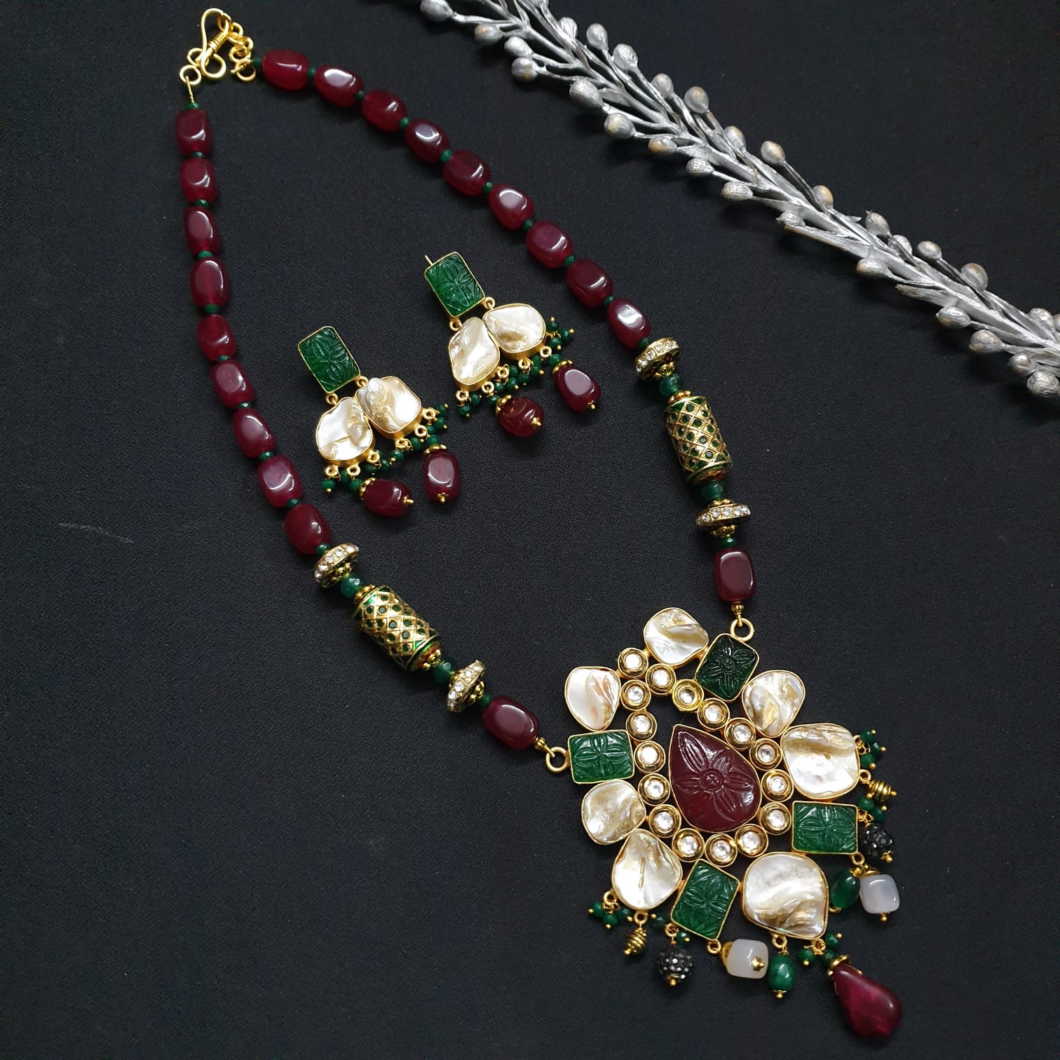 Kundan Jadau Fusion Pendant Set With Earrings