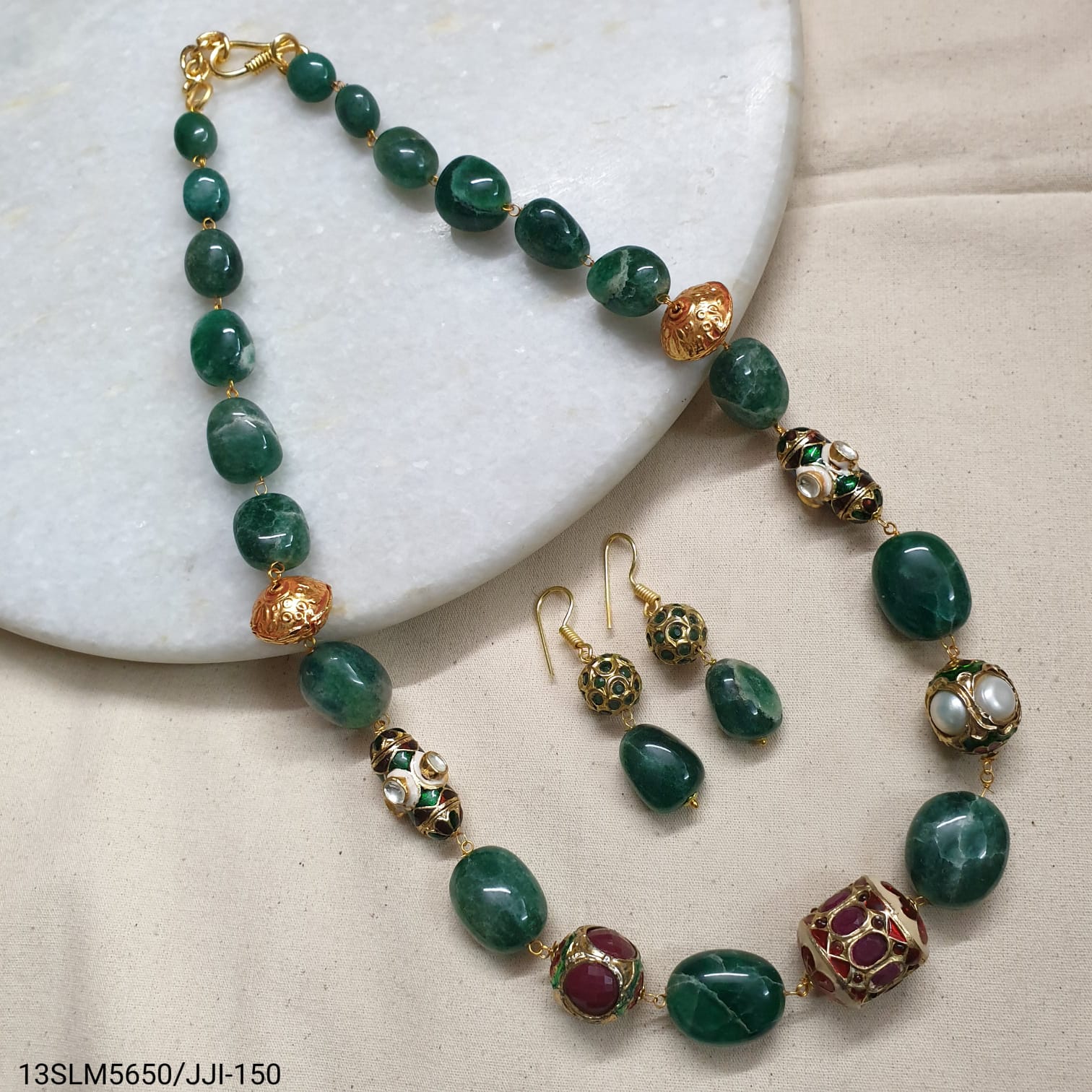 Emerald Stone Jadau Bead Necklace With Earrings