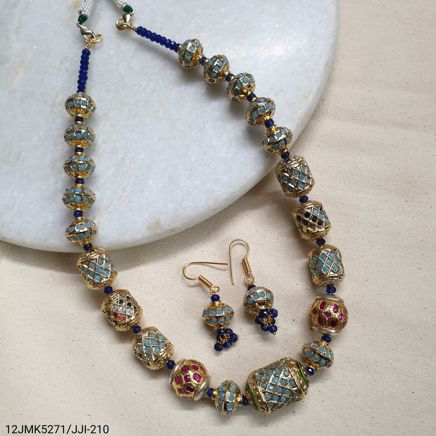 Turquoise Jadau Bead Necklace With Earrings