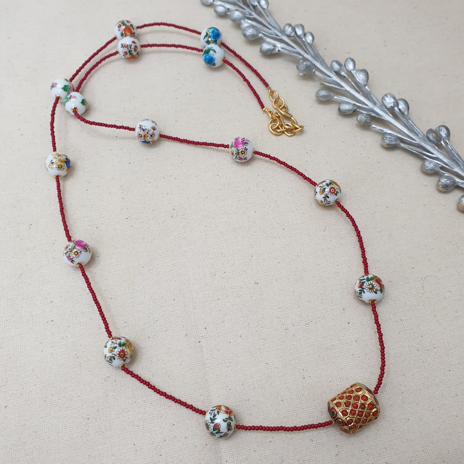 Jadau and Handpainted Bead Necklace